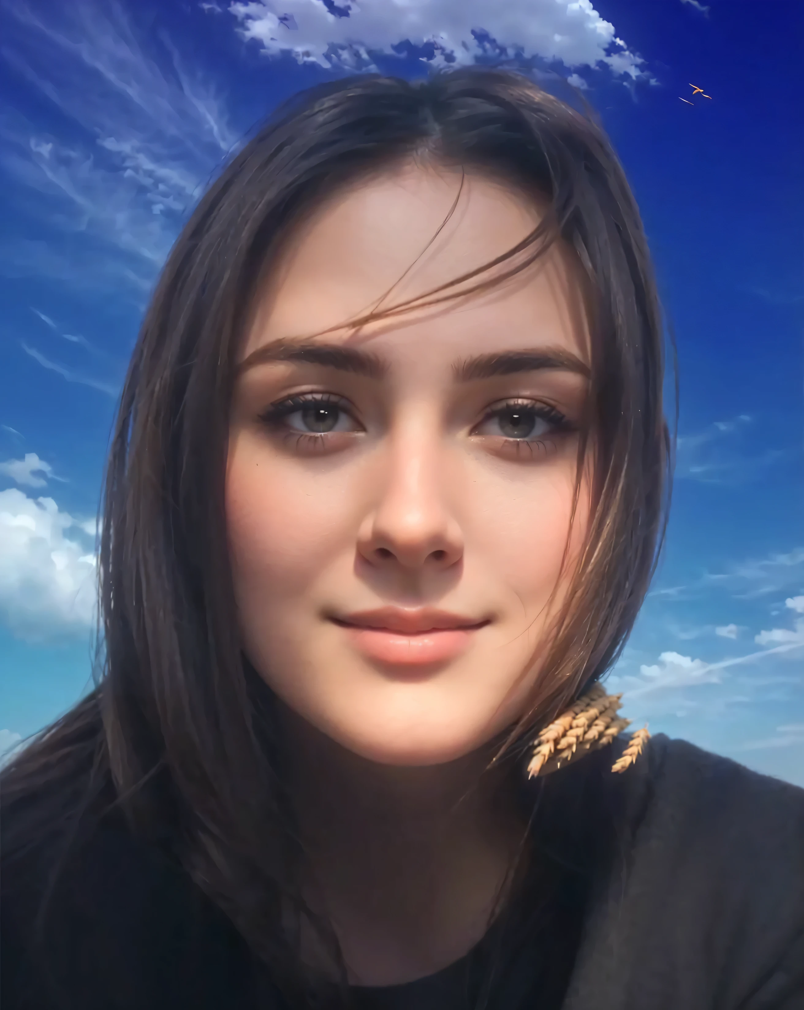 brunette girl against the sky , an ear of wheat sticks out on the side , photographic photography, highest quality , extreme detail , masterpiece fails, detailed hair , don't change anything