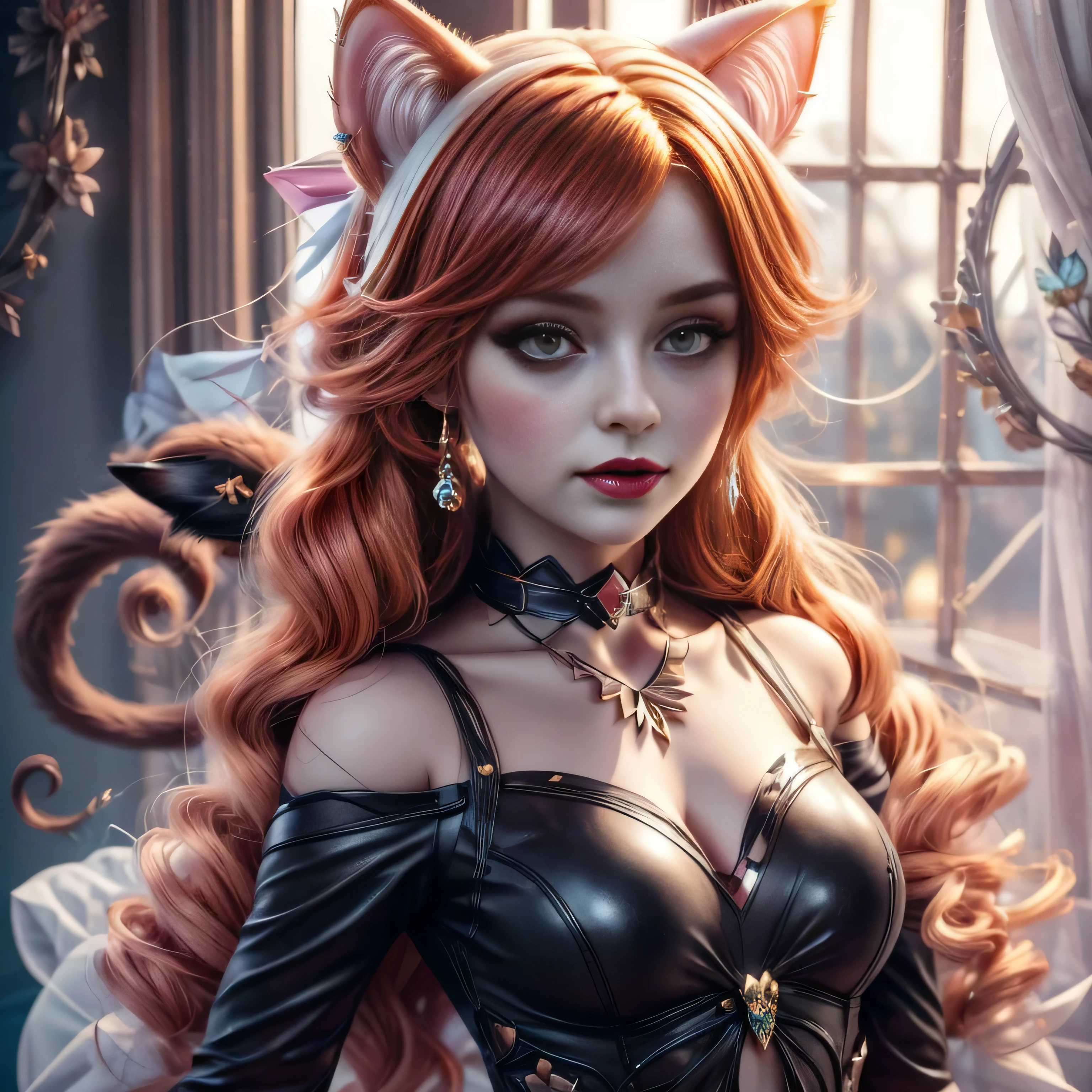 there is a doll with red hair and a cat ears, portrait of a goth catgirl, dollpunk, artdoll, [ trending on cgsociety ]!!, beautiful young catgirl, wlop loish and clamp style, cgsociety ), cgsociety - w 1 0 2 4 - n 8 - i, cgsociety 9, bjd,  cgsociety