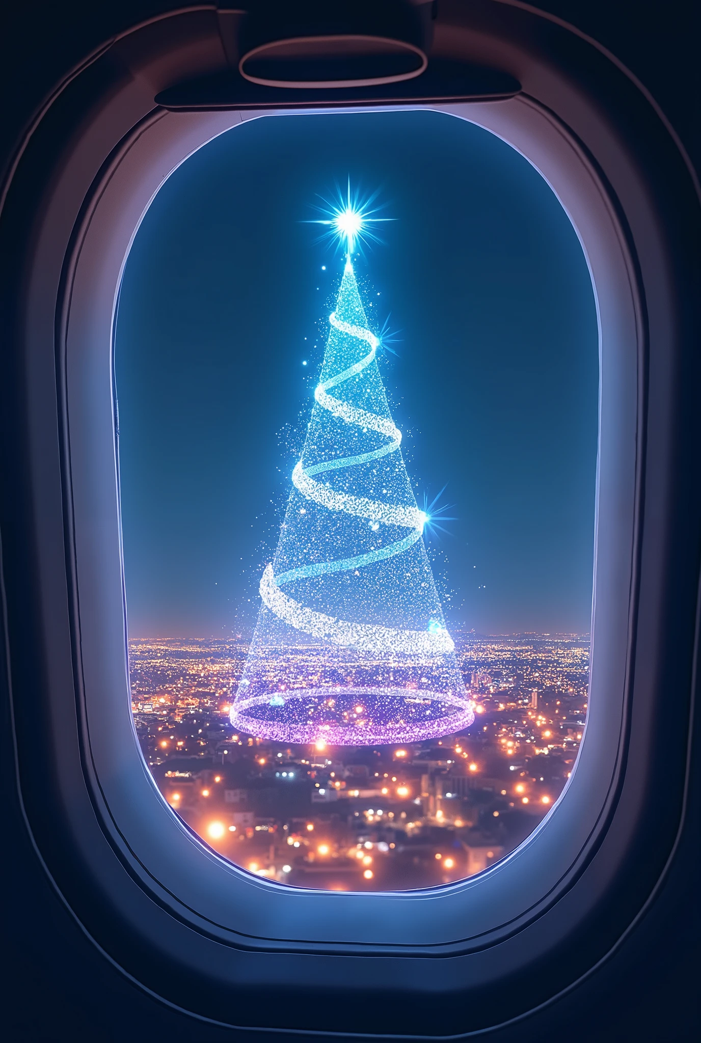 (masterpiece:1.2, high image quality,  Mirror Finish  ,  cinematic experience  , best illustration :2.0, super detailed ),8k,16k,( wallpaper:2.0),( view from an airplane window with a hologram in the night sky:2.0),(With a hologram in the night sky"  Merry Christmas  "Write:2.0),( Future City:2.0)