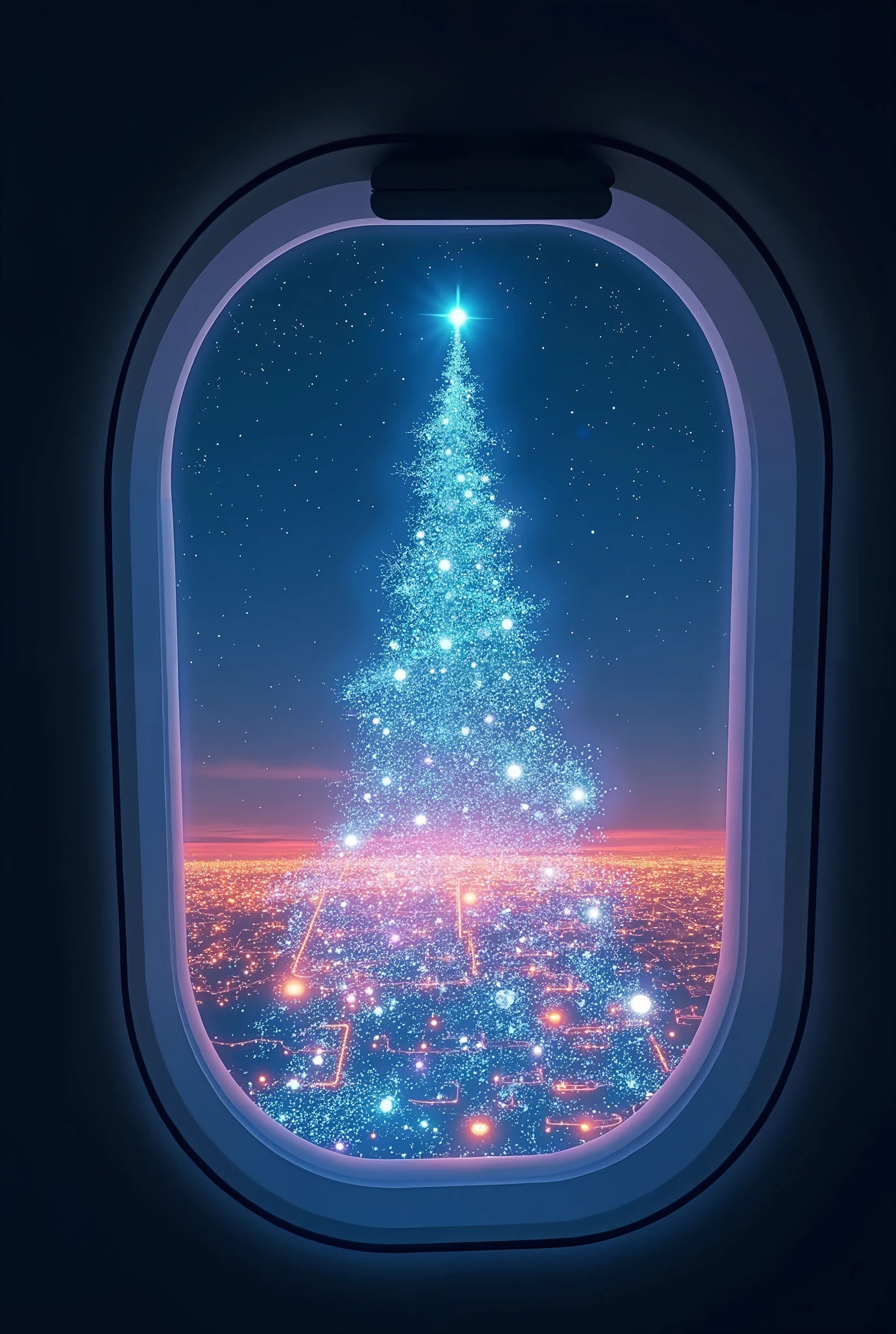 (masterpiece:1.2, high image quality,  Mirror Finish  ,  cinematic experience  , best illustration :2.0, super detailed ),8k,16k,( wallpaper:2.0),( view from an airplane window with a hologram in the night sky:2.0),(Draw a colorful Christmas tree with a hologram in the night sky:2.0),( Future City:2.0)