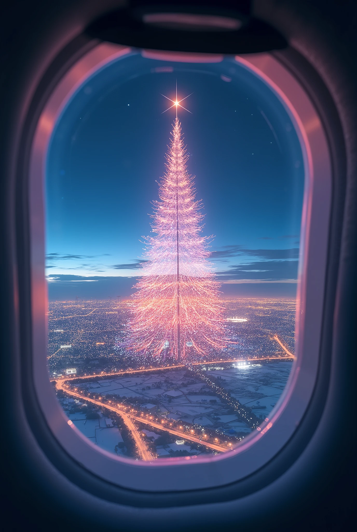 (masterpiece:1.2, high image quality,  Mirror Finish  ,  cinematic experience  , best illustration :2.0, super detailed ),8k,16k,( wallpaper:2.0),( view from an airplane window with a hologram in the night sky:2.0),(With a hologram in the night sky"  Merry Christmas  "Write:2.0),( Future City:2.0)