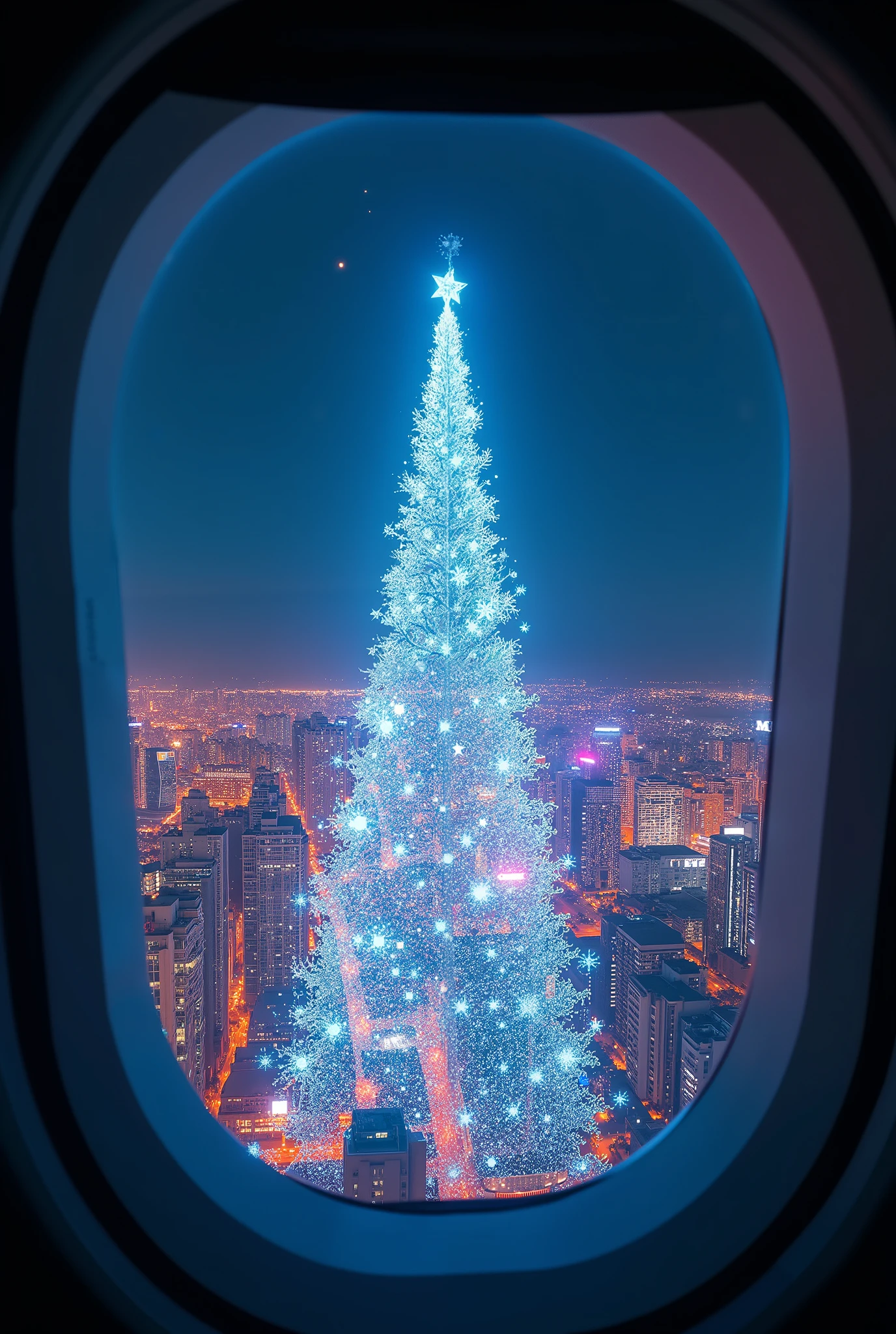 (masterpiece:1.2, high image quality,  Mirror Finish  ,  cinematic experience  , best illustration :2.0, super detailed ),8k,16k,( wallpaper:2.0),( view from an airplane window with a hologram in the night sky:2.0),(Draw a colorful Christmas tree with a hologram in the night sky:2.0),( Future City:2.0)