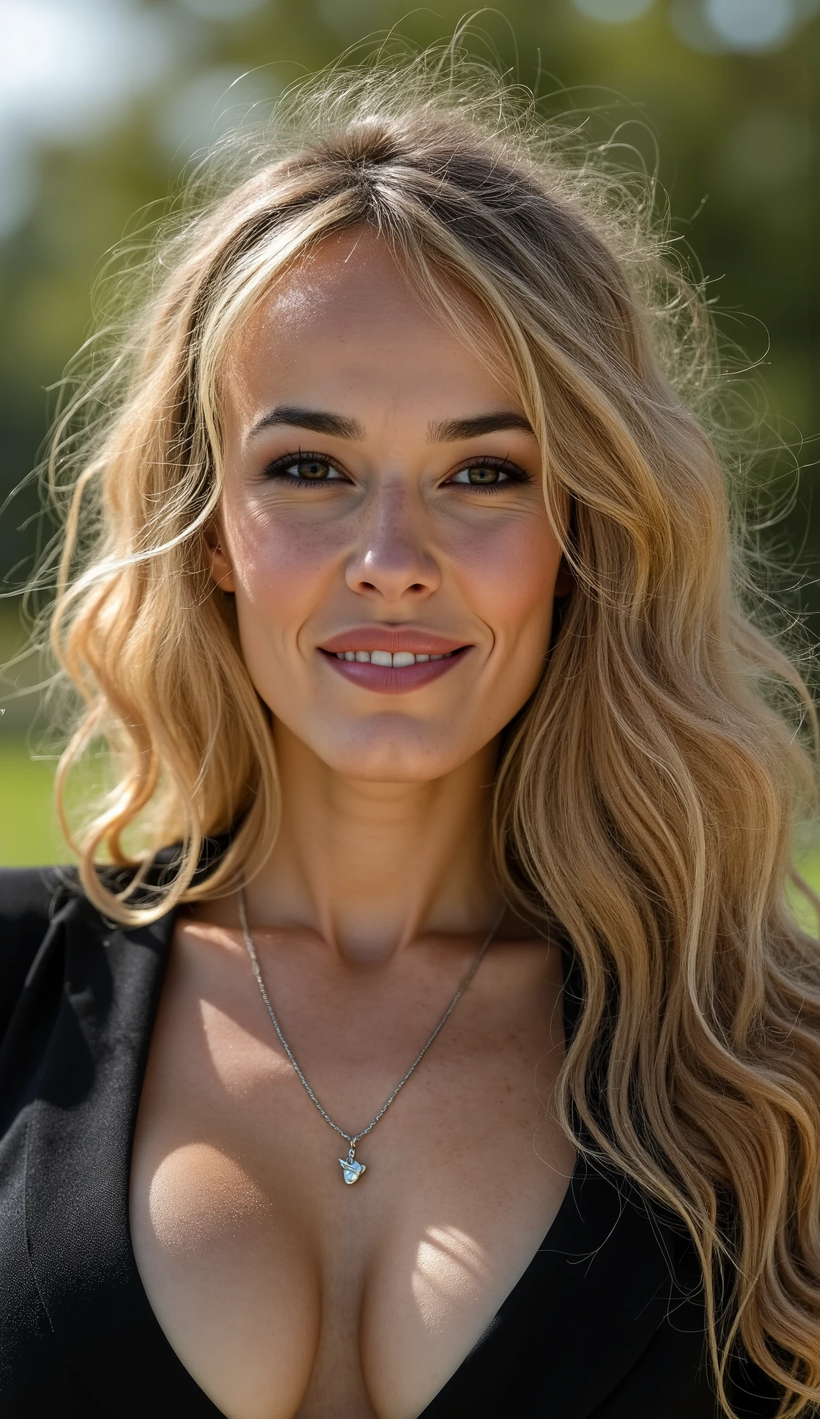 Close-up portrait of a female, with long blonde hair, fit body, gorgeous look, she stands confidently, attractive, gorgeous beauty,wearing a low cut blouse and shorts, showing some cleavage, head tilted with a big smile,in the garden. des pores de la peau, un iris complexe et détaillé, un éclairage très sombre, des ombres lourdes, détaillé, visage détaillé, (vibrant, photoréaliste, réaliste, dramatique, sombre, mise au point nette, 8k), (complexe), (très détaillé), peinture numérique, rendu octane, artstation, concept art, lisse, mise au point nette, illustration, art par artgerm, (loish), wlop ilya kuvshinov., (éclairage global, lumière de studio, lumière volumétrique)