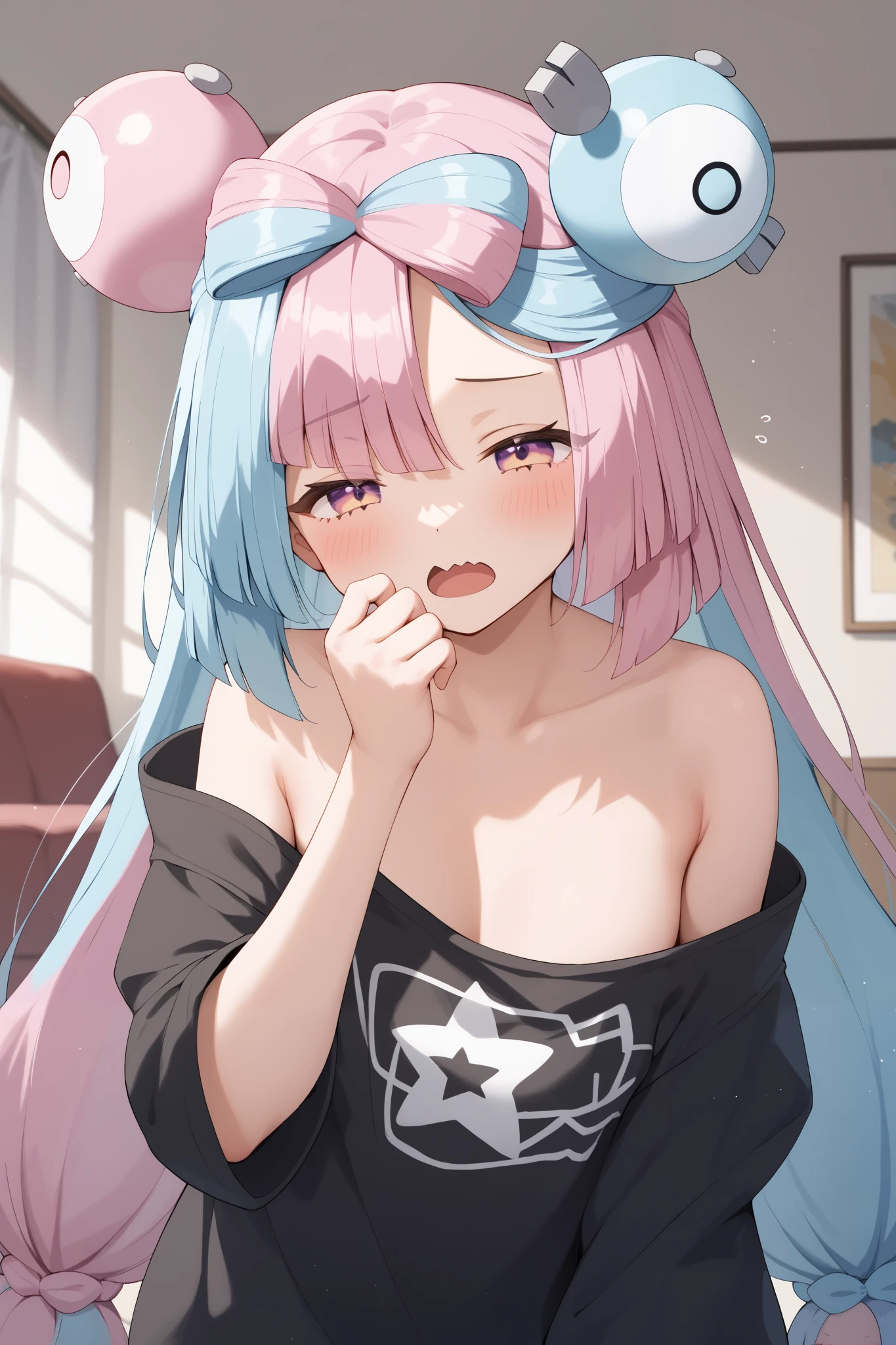 NSFW,masterpiece, top quality , high res, very detailed,Pokemon Iono、 blue hair、Bow-shaped hair、キャラクターの hair ornament、 hair ornament、 long hair、低く結んだ long hair、Multicolored Hair、 pink hair、 split color hair、 twin tails、 two-tone hair 、 pink eyes, oversized shirt,Baggy clothes,sleepy,yawn, living room