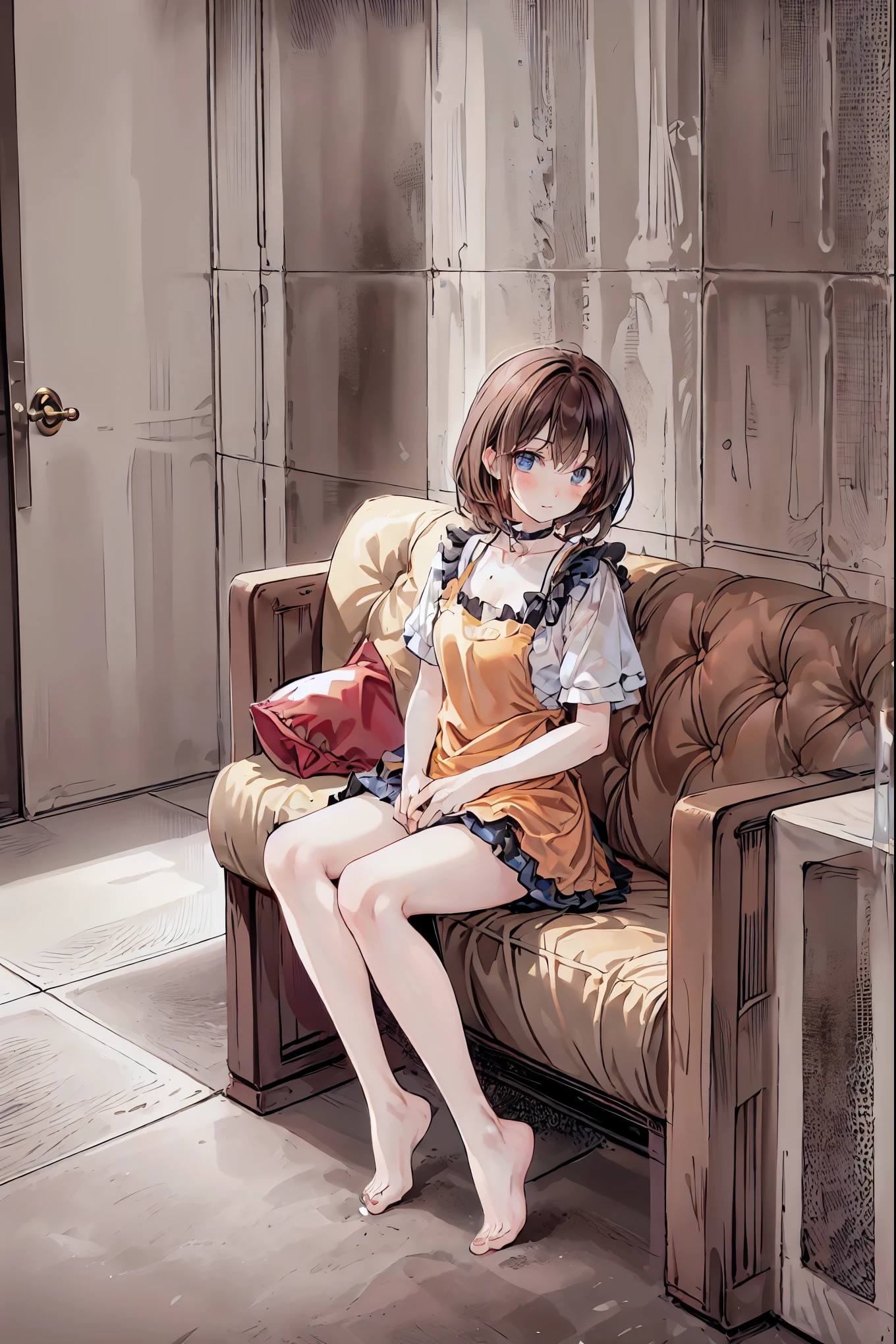 (( in barefoot in browsing note :1.2)),(masterpiece:1.2, top quality ), ( realistic , photo realistic :1.4),((throw:1.2)), beautiful illustrations, (Natural side lighting, movie lights), watching the audience , focus on the face , 1 woman lying on the sofa ,(one person in), perfect face, perfect body, 対称的な beautiful faces, growing skin, , look under her beautiful fingers {x} her enchanting gray-blue eyes shine like stars, captivating thighs :1.2,thin,(( in)), beautiful hair, beautiful faces, thin and beautiful eyes, beautiful collarbone, beautiful body , (( sharp in beautiful )),Beautiful thick thighs, beautiful legs, look under her beautiful fingers , (( Men around , orange pleated skirt , red apron)),( blush and look at the viewer ), in, sitting on a chair, lower angle , Brown Hair 、 choker ,Brown Hair, shortcuts, messy hair, slender beauty , hole positive attitude ,Small box, beautiful legs, small breasts, flat chest