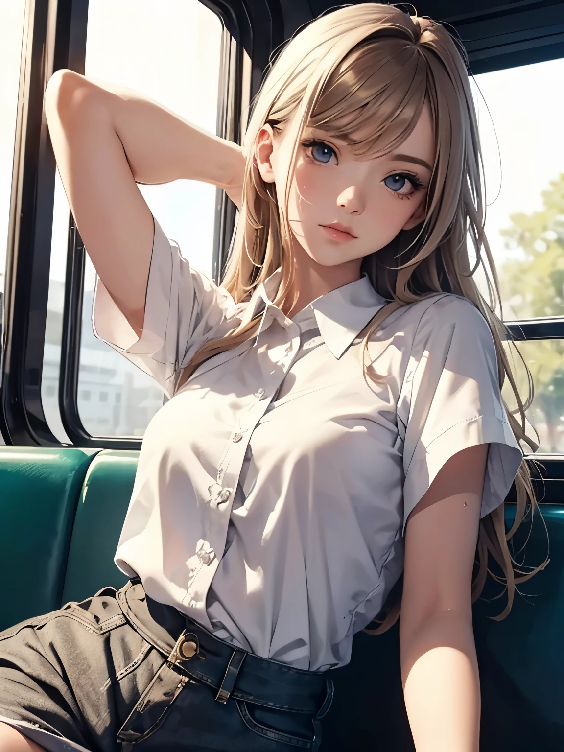 kitagawa marin,pigtails,neat blouse,white blouse,tight blouse,button the blouse,on the train,pleated skirt,short skirt,18 years old,blonde hair,long hair,(large breast:1.8),((masterpiece)),(detailed),reflective skin,white socks,loafers,spread legs,show panties unintentionally