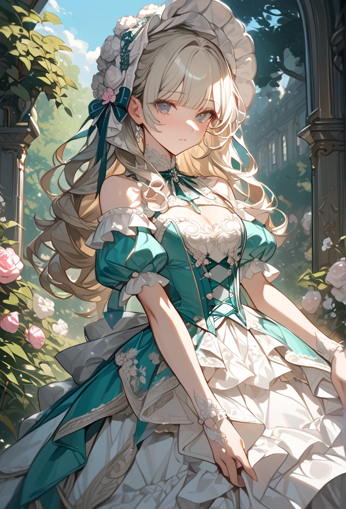 "Masterpiece, best quality, ultra-detailed, high resolution, sharp focus, intricate details, vivid colors, clean outlines, refined rendering.

1girl, silver-blonde hair, blunt bangs, soft gray eyes,
Victorian Rococo gown, pastel teal and ivory color scheme, luxurious fabric, intricate lace details, layered ruffled skirt, delicate floral embroidery, pink satin bows, pearl embellishments, fitted corset bodice, puffed sleeves, off-shoulder design, elegant neckline,  
ornate floral bonnet, decorated with lace, ribbons, and pink flowers,  curly hair, soft waves, natural light,  
standing in a garden, blooming white flowers, vibrant greenery, clear blue sky, soft shadows, elegant and poised pose, feminine and graceful. looking at viewer, calm and composed expression, poised posture.