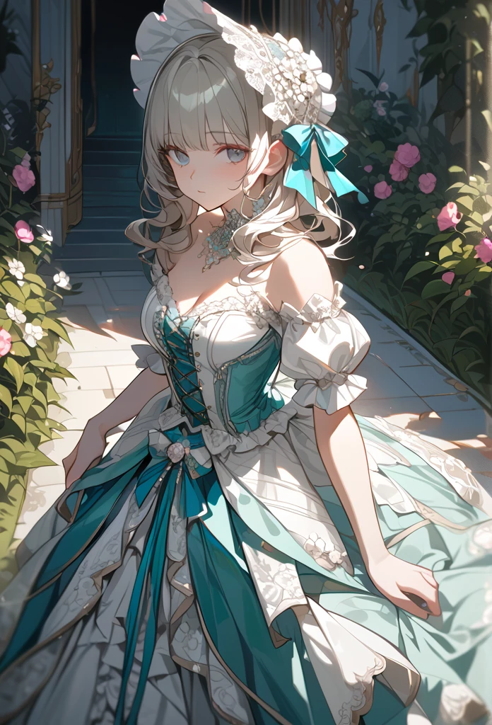 "Masterpiece, best quality, ultra-detailed, high resolution, sharp focus, intricate details, vivid colors, clean outlines, refined rendering.

1girl, silver-blonde hair, blunt bangs, soft gray eyes,
Victorian Rococo gown, pastel teal and ivory color scheme, luxurious fabric, intricate lace details, layered ruffled skirt, delicate floral embroidery, pink satin bows, pearl embellishments, fitted corset bodice, puffed sleeves, off-shoulder design, elegant neckline,  
ornate floral bonnet, decorated with lace, ribbons, and pink flowers,  curly hair, soft waves, natural light,  
standing in a garden, blooming white flowers, vibrant greenery, clear blue sky, soft shadows, elegant and poised pose, feminine and graceful. looking at viewer, calm and composed expression, poised posture.