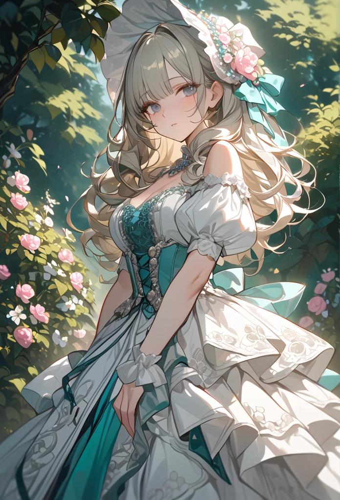 "Masterpiece, best quality, ultra-detailed, high resolution, sharp focus, intricate details, vivid colors, clean outlines, refined rendering.

1girl, silver-blonde hair, blunt bangs, soft gray eyes,
Victorian Rococo gown, pastel teal and ivory color scheme, luxurious fabric, intricate lace details, layered ruffled skirt, delicate floral embroidery, pink satin bows, pearl embellishments, fitted corset bodice, puffed sleeves, off-shoulder design, elegant neckline,  
ornate floral bonnet, decorated with lace, ribbons, and pink flowers,  curly hair, soft waves, natural light,  
standing in a garden, blooming white flowers, vibrant greenery, clear blue sky, soft shadows, elegant and poised pose, feminine and graceful. looking at viewer, calm and composed expression, poised posture.