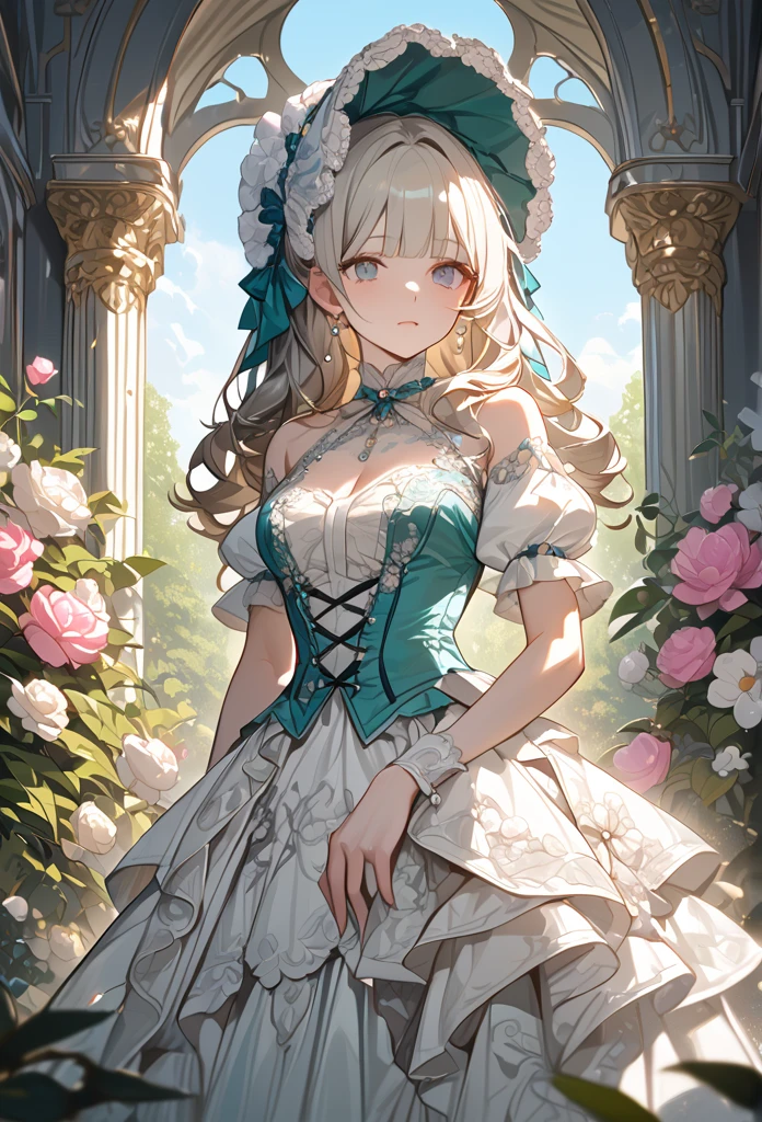 "Masterpiece, best quality, ultra-detailed, high resolution, sharp focus, intricate details, vivid colors, clean outlines, refined rendering.

1girl, silver-blonde hair, blunt bangs, soft gray eyes,
Victorian Rococo gown, pastel teal and ivory color scheme, luxurious fabric, intricate lace details, layered ruffled skirt, delicate floral embroidery, pink satin bows, pearl embellishments, fitted corset bodice, puffed sleeves, off-shoulder design, elegant neckline,  
ornate floral bonnet, decorated with lace, ribbons, and pink flowers,  curly hair, soft waves, natural light,  
standing in a garden, blooming white flowers, vibrant greenery, clear blue sky, soft shadows, elegant and poised pose, feminine and graceful. looking at viewer, calm and composed expression, poised posture.