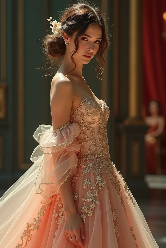 1 woman, inside a ballroom, wearing an elegant pink evening dress, detailed facial features, feminine brown eyes, detailed white skin, , golden brown hair, full body shot, dramatic lighting, cinematic composition, cool palette, dark colors, atmospheric haze, strong body, thin chin, adult woman, (best quality, 4K, 8K, high resolution, art: 1.2), ultra detailed, (realistic, photorealistic, photorealistic: 1.37)