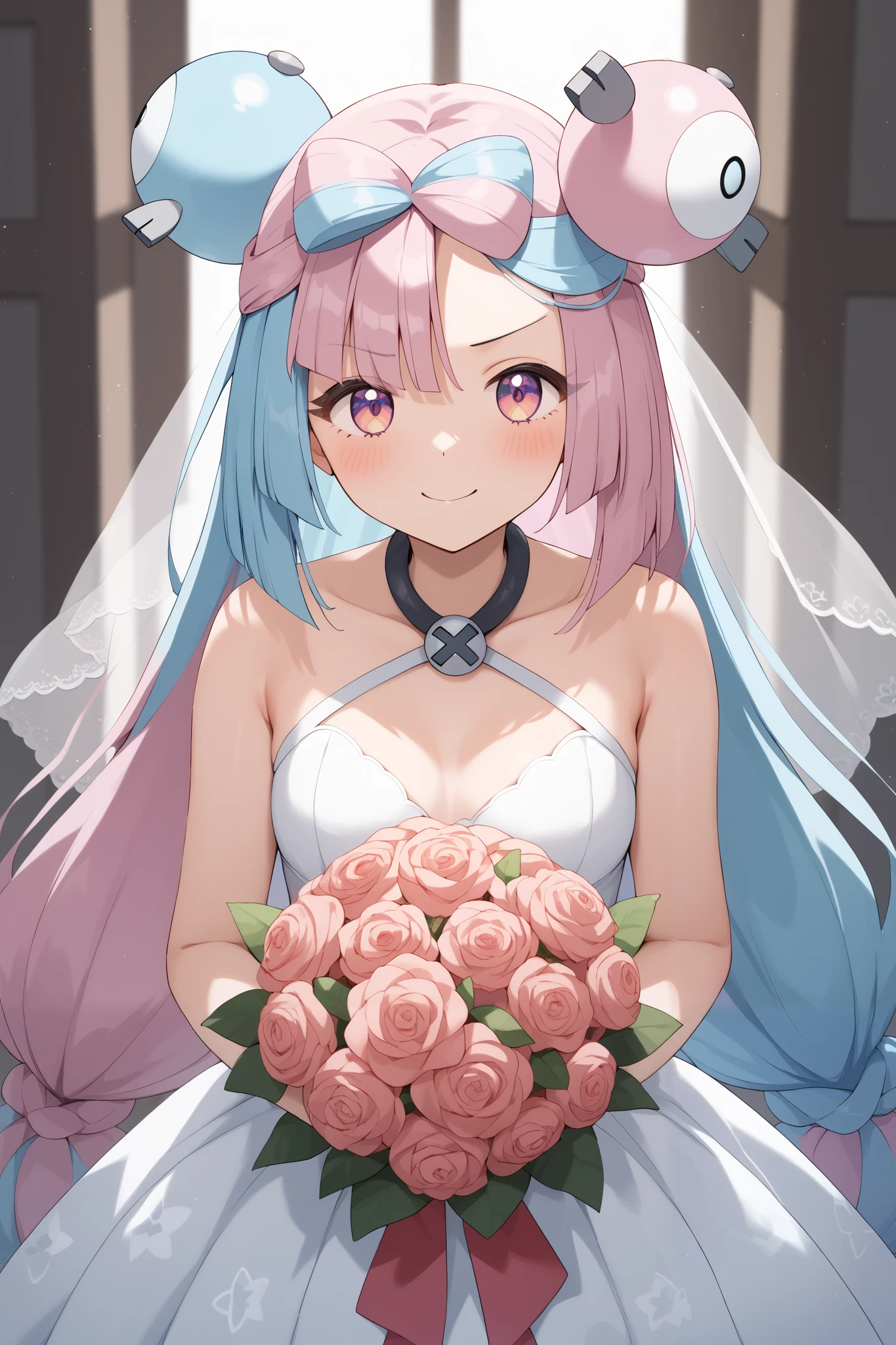 NSFW,masterpiece, top quality , high res, very detailed,Pokemon Iono、 blue hair、Bow-shaped hair、キャラクターの hair ornament、 hair ornament、 long hair、低く結んだ long hair、Multicolored Hair、 pink hair、 split color hair、 twin tails、 two-tone hair 、 pink eyes, wedding dress ,bouquet,Wedding Venues