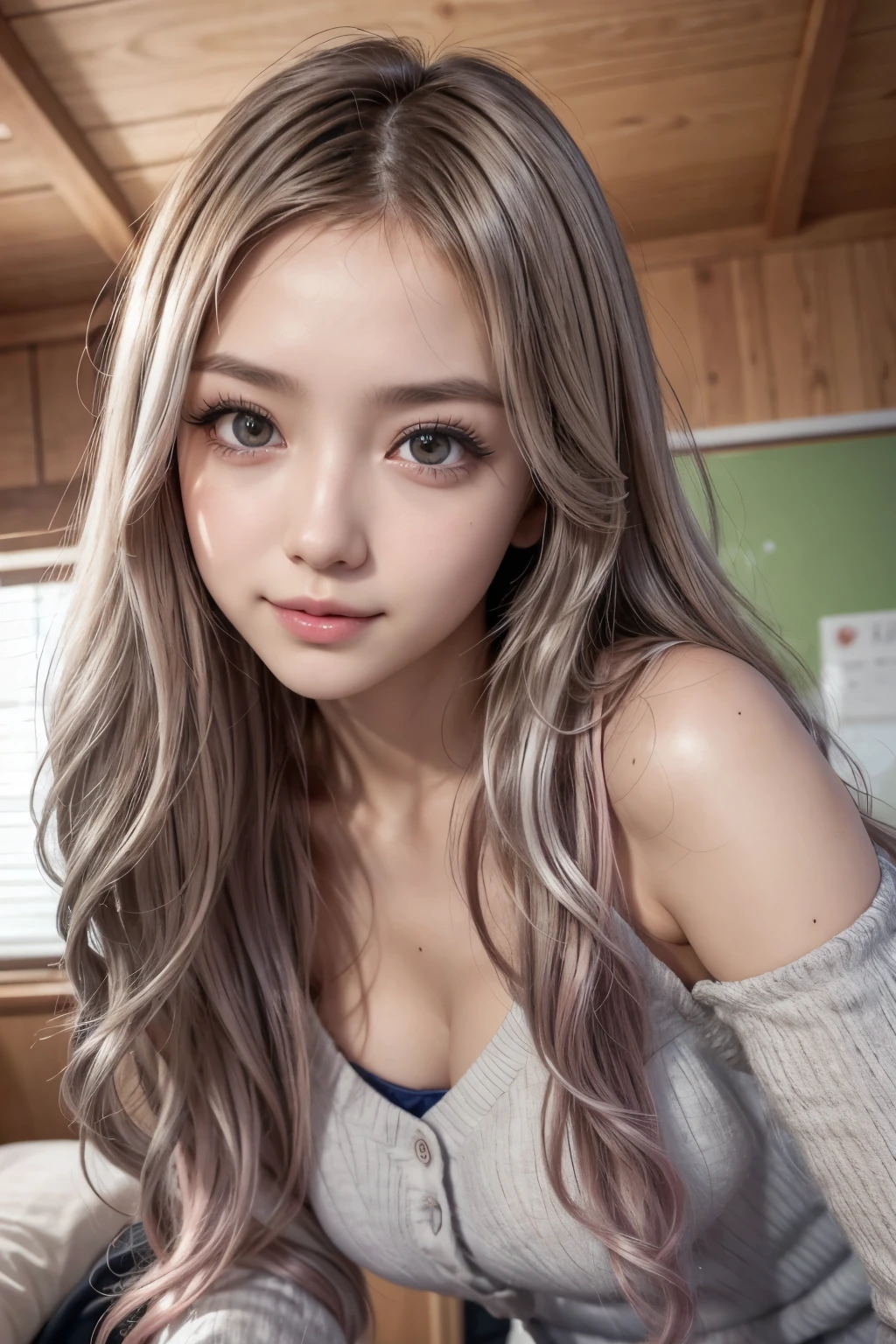 masterpiece, 8k, photo realistic , realistic , 非常に Details, super high res, ///1 person, most beautiful, 20 years old , ( sexy, Japanese idol with long eyelashes ), ( gray hair:1.2),/// Human Details Shiny Skin , Detailsな肌 , Beautifully Details face, RAW photos , ( top quality , Details:1.3), top quality , (非常に Detailsな), ハイパー Details, (繊細で Detailsな), (複雑な Details), (Cinematic Light, Top Quality Backlighting ), Clear lines, soft Light, It's strange in another dimension , Looks Magical , soft, ( Best quality face), Curly Hair 、 slender , Girls' Candid Impressions , Firm and shapely breasts, Beautiful skin, Chest When Lying Down, whole body, perfect body,,, Particles of light, cute face, Japanese high school girls , , upper body photo, She narrowed her eyes.、 Look at me while smiling shyly , 美しく Detailsな目の絵, (Droopy eyes:1.3), Dark Eyes, thin eyebrows, Draw eyelashes carefully, gal makeup, (pink silver wavy hair , Hair to shoulders, Middle Part :1.3), ( eyelid creases slightly hidden to the side :1.3), wearing a pretty white button-down shirt., short pleated skirt with gray plaid pattern , Angle taken from below , school classroom