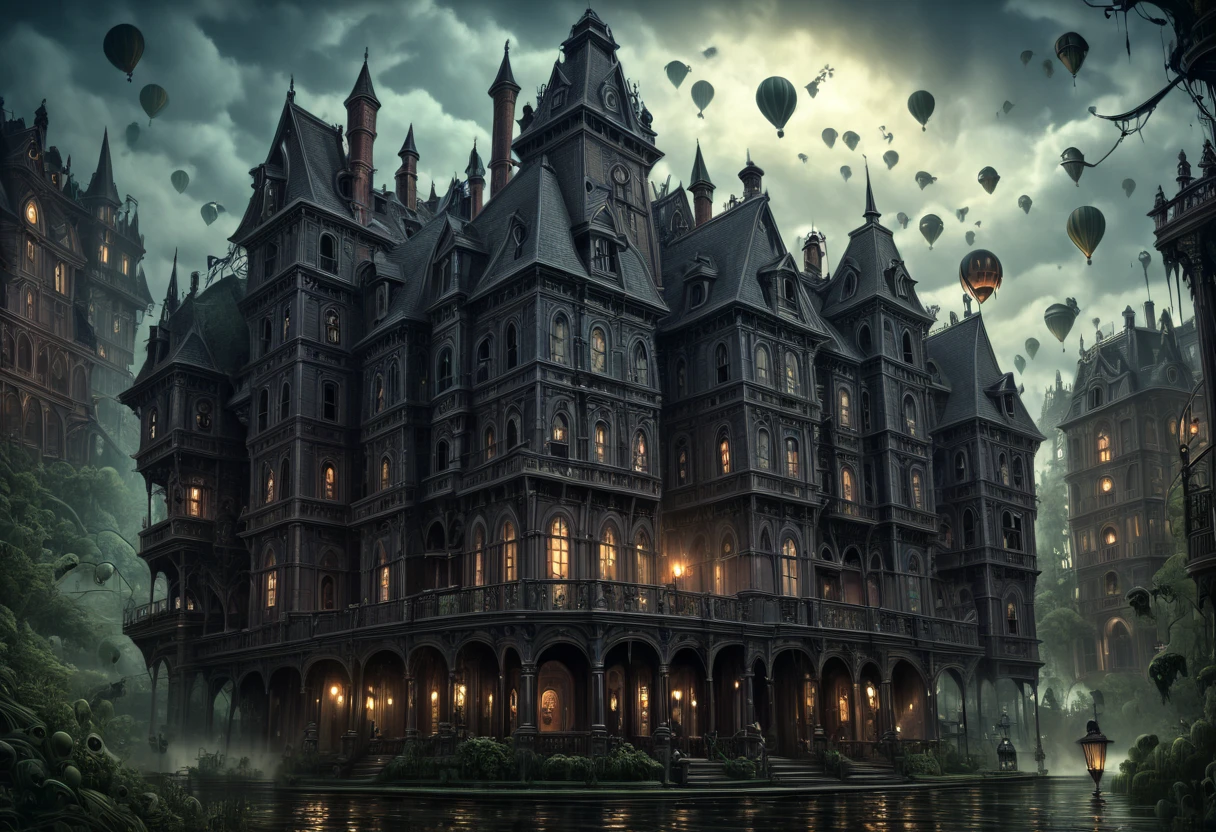 a hot air balloon floating over a gothic manor, victorian era inspired sci-fi mansion, eerie haunted house, mansions of madness, victorian manor, fantasy victorian era art, highly detailed 3d gothic oil painting, highly detailed 4k horror art, extremely detailed haunted mansion, victorian style house, haunted gothic hotel, victorian city, stunning wallpaper