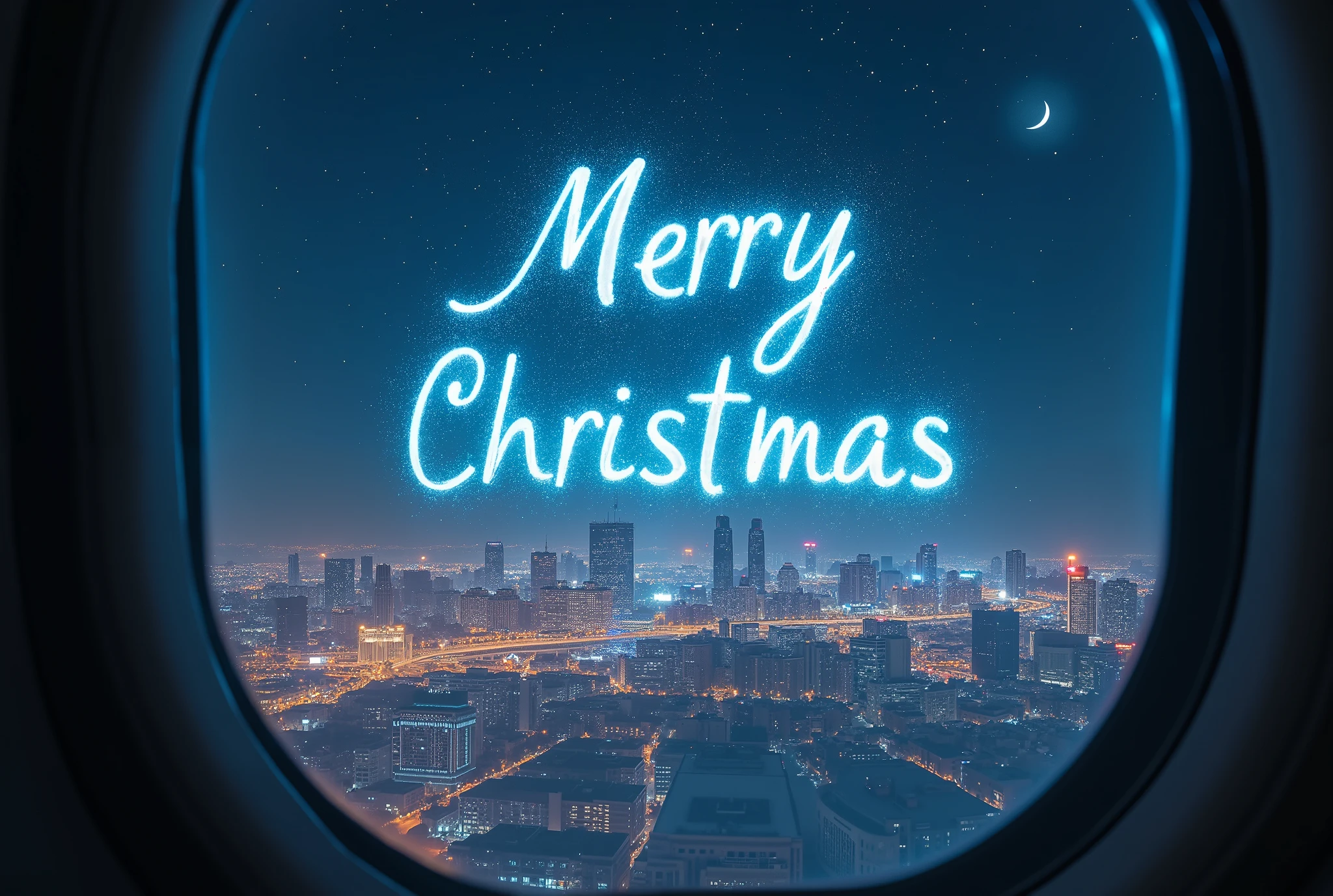 (masterpiece:1.2, high image quality,  Mirror Finish  ,  cinematic experience  , best illustration :2.0, super detailed ),8k,16k,( wallpaper:2.0),( view from an airplane window with a hologram in the night sky:2.0),(With a hologram in the night sky"  Merry Christmas  "Write:2.0),( Future City:2.0)