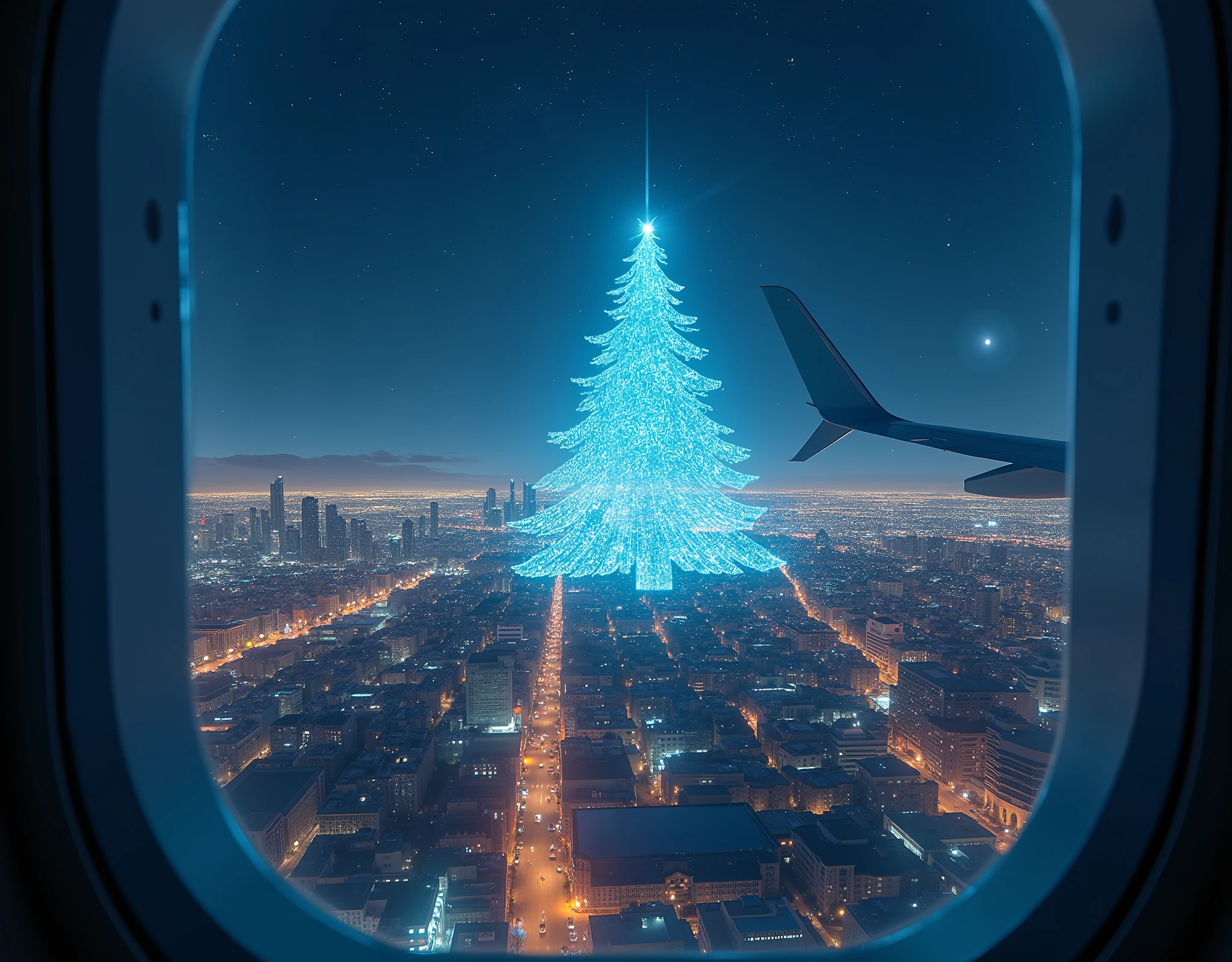 (masterpiece:1.2, high image quality,  Mirror Finish  ,  cinematic experience  , best illustration :2.0, super detailed ),8k,16k,( wallpaper:2.0),( view from an airplane window with a hologram in the night sky:2.0),(With a hologram in the night sky"  Merry Christmas  "Write:2.0),( Future City:2.0)