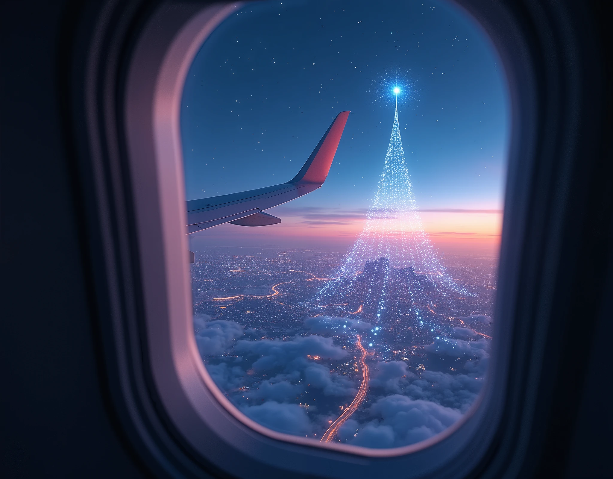 (masterpiece:1.2, high image quality,  Mirror Finish  ,  cinematic experience  , best illustration :2.0, super detailed ),8k,16k,( wallpaper:2.0),( view from an airplane window with a hologram in the night sky:2.0),(With a hologram in the night sky"  Merry Christmas  "Write:2.0),( Future City:2.0)