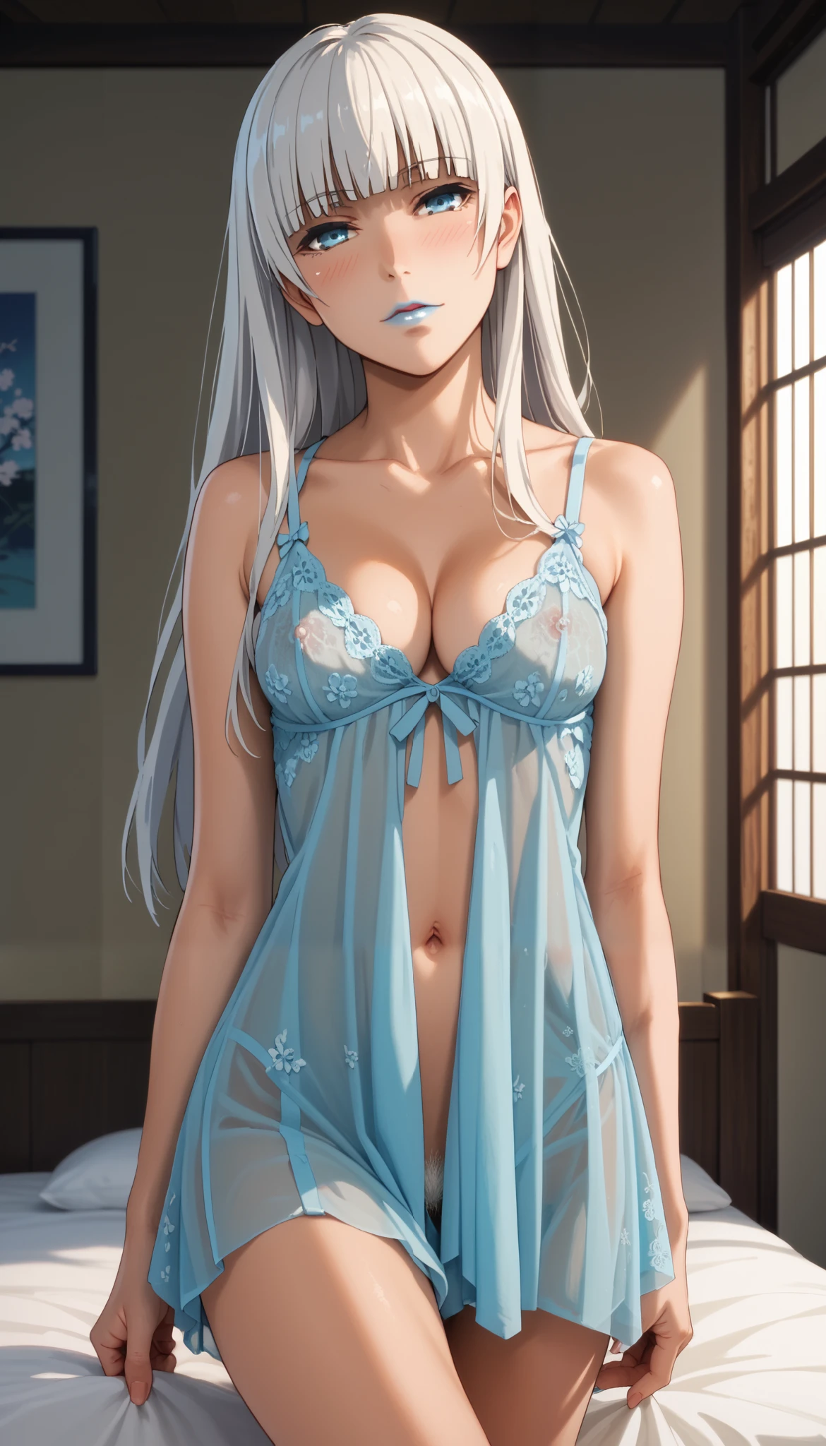 Score_9, score_8_up, score_7_up, score_6_up, source_anime, rating:general, 1girl, kirari momobami, white hair, long hair, hime cut, sultry look, head tilt, blush, pale white skin, lacy babydoll, sheer negligee, erect nipples, pubic hair, blue eyes, blue lipstick, colored contacts, medium sized breasts, cleavage, exposed shoulders, traditional Japanese bedroom, soft lighting, sat on end of bed, solo, 8k quality, vivid colors, perfect lighting, perfect shadowing,