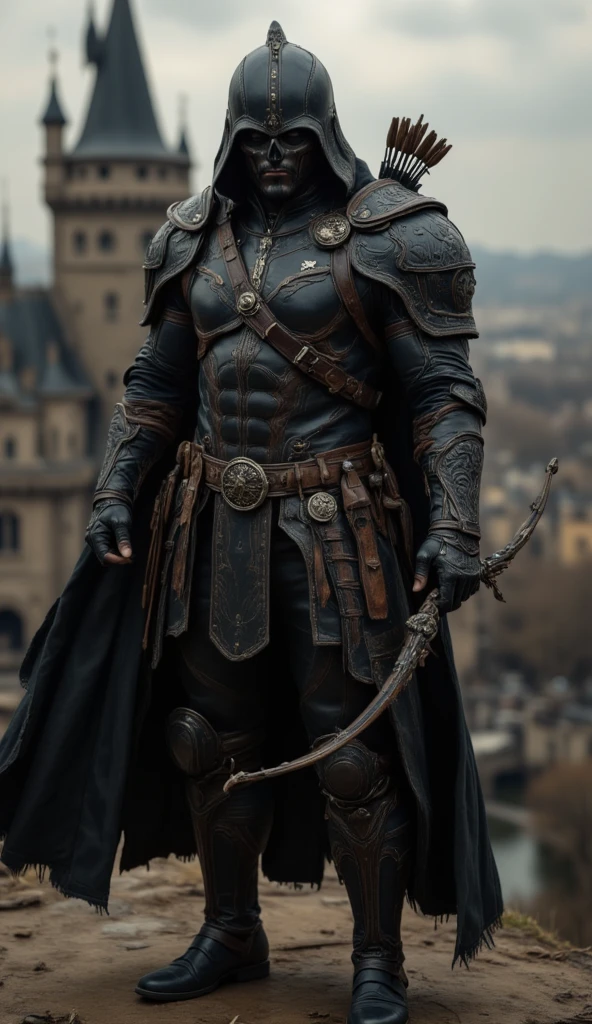   full-body image of a muscular adult male.  black leather full body picture   、  mask and mask hood  , .  Black skull tactical messenger mask  .  Masked man in invisible armor   . Wearing leather armor ,  tights .epic ninja suit, rogue.  leather that covers the whole body  .  smooth leather  .Boy eage Assassin  , stealth suit  ,  Another world assassin   ,   standing on the roof of a castle  . .  in the dark .  dark vibe  .Low Light.  Weak lighting casts dramatic shadows  .   Strange other world atmosphere   .  Another world city  . .Full body image.  handheld composite mechanical giant bow  . full-body photo .fantasy
