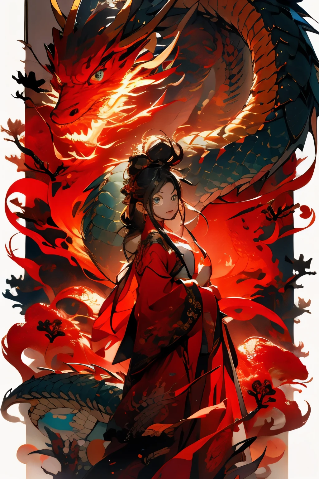dark grey background,Mandala,A Chinese dragon surrounds the picture,Flame auspicious cloud pattern background,Chinese Beauty,Close-up of the middle view,brunette color hair,Bright flames dance at your fingertips,The clothes are mainly red,The light from the back window is backlighted,awardwinning,8K,Super detailed manga style,Flashy clothes,Complicated details,real looking skin,orange glowing Detailed eyes,