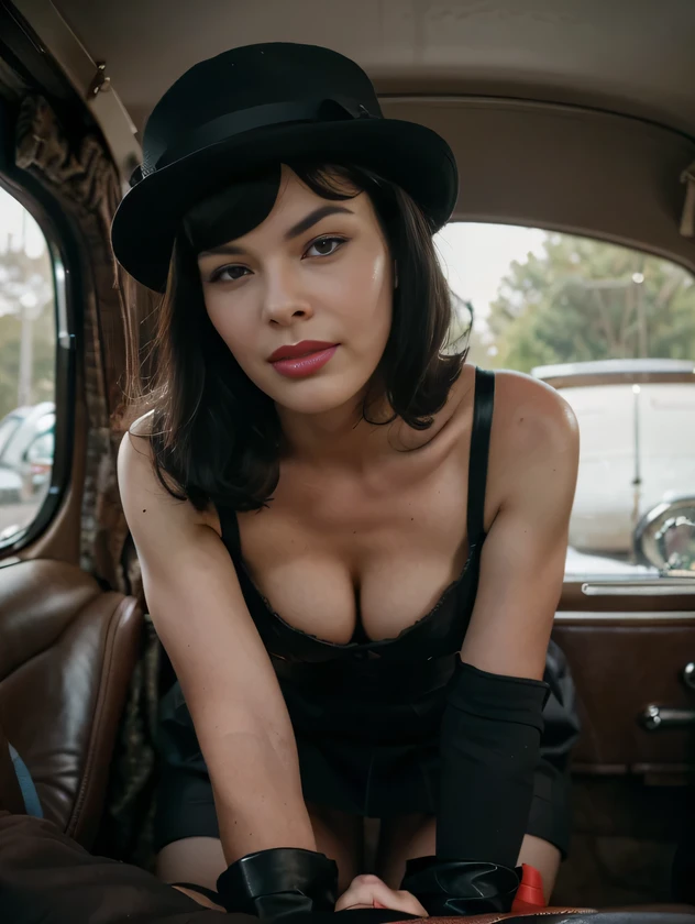 bettie page high class , rich elegant woman in a suit and hat and gloves sitting in a car doing a blowjob to her butler, the man is inf ront of her, she is grabbing teh cock with erh hands, eyes closed,dressed in leather like in the 1940s, with black leatehr gloves and a very long skirt,1950s vibes, inspired by Evaline Ness, 40's adventurer, 1930s style clothing, gloves,,1920s vibes, ww2 era, in style of dieselpunk, old timey, vintage car with door open ,detailed eyes, detailed face,perfect face, perfect lips, 16K HQ