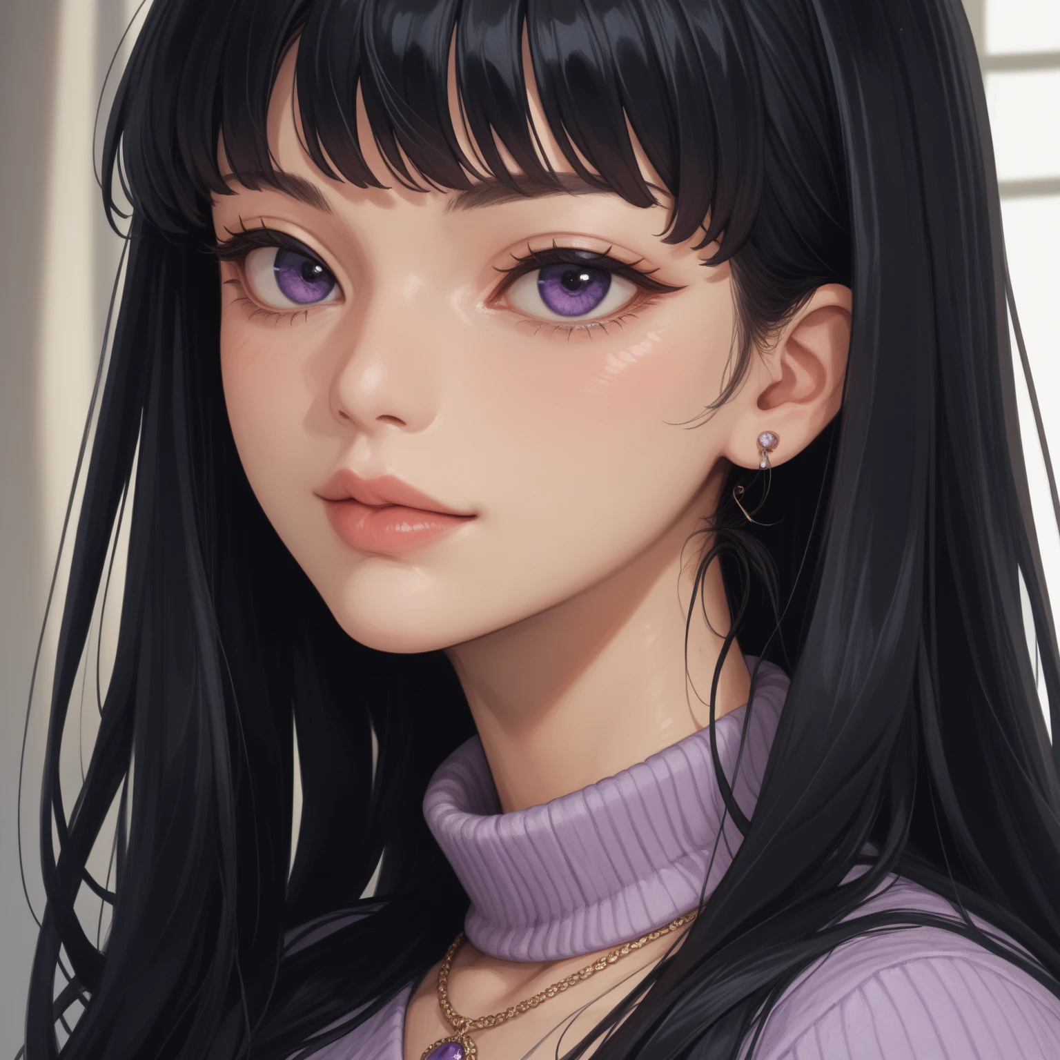 Korean Beautiful Girl 、 black hair、bangs、 long hair、anime&Realistic touch、 Purple High Neck Knitwear、 necklace、 divert your gaze 、 close your mouth,  anatomically correct,  top quality 