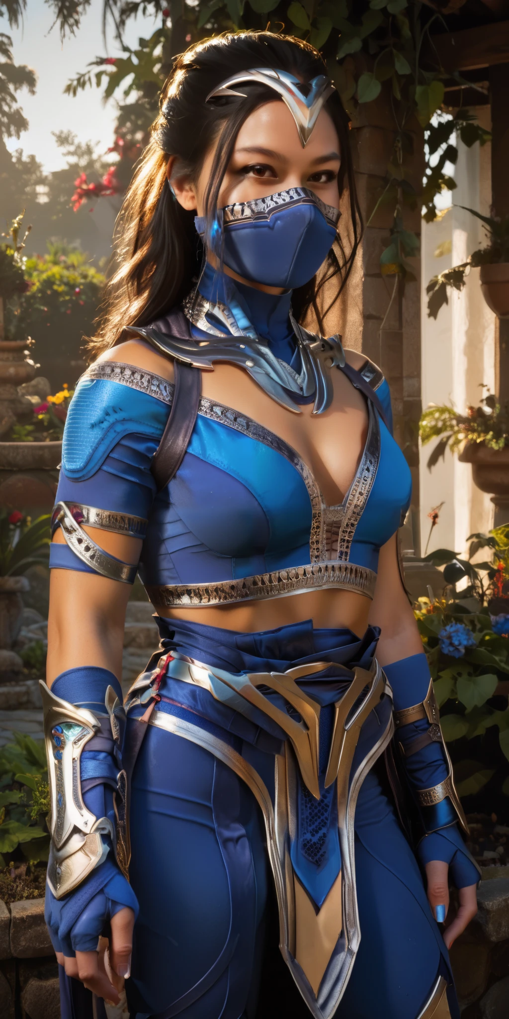 score_9,score_8_up,score_7_up,score_6_up kitnaxl,black hair,brown eyes, jewelry,blue bodysuit,cleavage,looking at viewer, garden, looking at viewer, mouth mask,  pelvic curtain,  bracers, fingerless gloves,  
standing,upper body. Captured in realistic detail, warm lighting, natural textures and a vivid color palette IMG_1025.HEIC