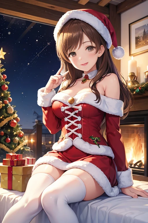 最好质量、One girl、shiraga、Longhaire、Hair fluttering in the wind、Blue eyes、Small face、a smile、Santa Claus Cosplay:1.7、Red sleeves:1.3、big tit:1.5、Open chest:1.4、Constriction、Red miniskirt:1.2、Red tights、Brown platform boots、beauty legs、dim lighting、by night、yuki、No people、View here、Angle from diagonally above、Background blur
