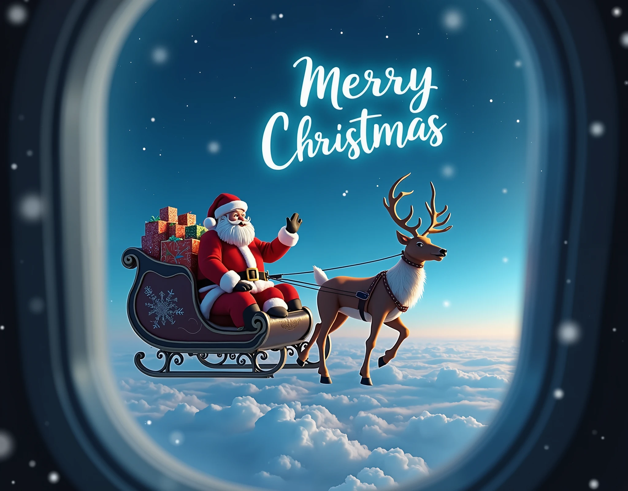 (masterpiece:1.2, high image quality, Mirror Finish , cinematic experience , best illustration :2.0, super detailed ),8k,16k,( wallpaper:2.0),( view from an airplane window with a hologram in the night sky:2.0),("   Merry Christmas   "Write:2.0),( Santa Claus waves over here :2.0),(smile:2.0),( Santa Claus rides a sleigh loaded with Christmas presents:2.0),(A reindeer is pulling a sled :2.0),( full of night sky :2.0)