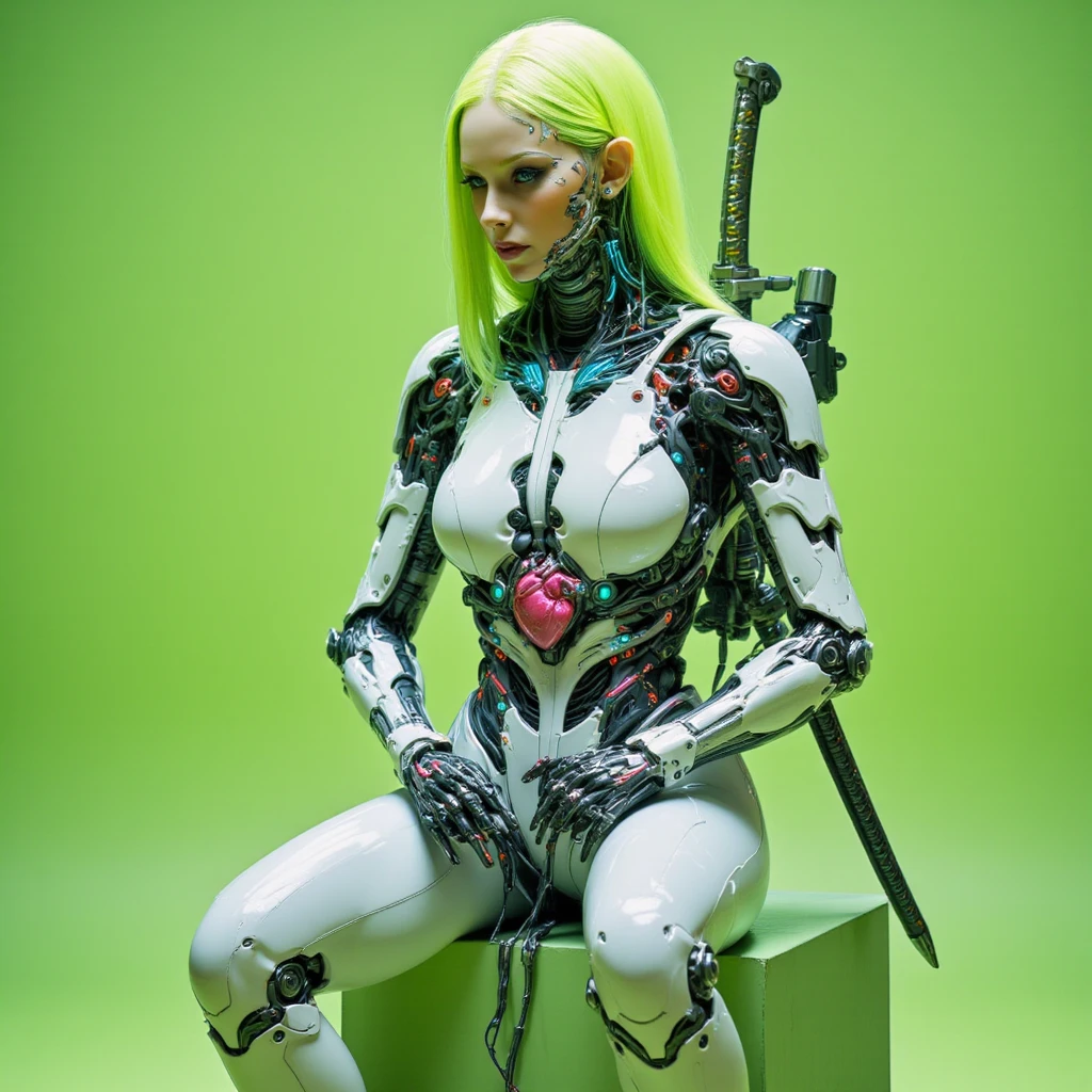 A stunning 27-year-old woman sits on a cube, her full figure visible against a matte lime-green backdrop that exudes a minimalist, futuristic vibe. Her Slavic features are sharply defined, with high cheekbones, a chiseled jawline, and pale, translucent skin with a faint metallic sheen. Her face is highly detailed, capturing every nuance of her flawless complexion. Instead of human eyes, she has sleek, cybernetic eye prosthetics, their smooth, glass-like surface reflecting the soft, natural lighting that bathes the scene, adding an ethereal quality to her gaze.

Her sleek, straight hair flows back into vibrant lime-green tips, subtly shimmering under the ambient lighting. She wears a glossy white latex outfit, torn and patched with vibrant bio-plastic inlays of neon pink, cyan, and violet, which gleam like liquid glass. Chrome prosthetic limbs replace her arms and legs, their mechanical joints and servos exposed, showcasing expert craftsmanship. Her chest is left open, revealing a beating human heart encased in bio-glass, glowing faintly with luminous veins tracing her body. Strapped across her back are two sleek cyber katanas, their hilts glowing with neon-blue accents, exuding both power and elegance. She holds a futuristic cyber weapon, designed with sleek lines that mirror her mechanical precision.

Her posture is commanding, sitting gracefully on the cube, her legs extended forward and slightly apart, with the cube serving as an anchor for her form. The focus is on her full-body presence, illuminated by natural light that highlights every detail, from the gleam of her prosthetic limbs to the intricate design of her cybernetic eyes. The matte lime-green backdrop, coupled with subtly integrated wires in the environment, adds an industrial touch to the otherwise clean and futuristic setting.

This version includes a highly detailed face, cybernetic eye prosthetics, and natural lighting, while maintaining the minimalist aesthetic and full-body pose.