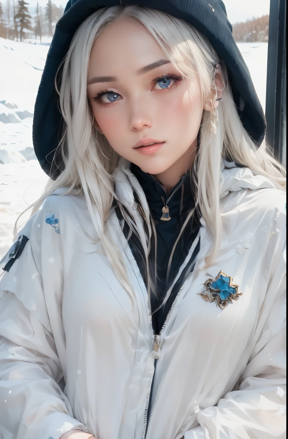 １４Caucasian model at the age, standing full body photo,（(Clean clothes)), wearing snowboarding clothes, Natural light, Pretty Caucasian Woman, white hair, A sloppy smile, (8K, Live shooting, highest quality, masterpiece: 1.2), masterpiece, super detail, , High-definition RAW color photo, , , , , , highly detailed eyes, realistic skin texture, highly detailed fingers, very detailed nose, highly detailed mouth, , Photo above the knee, , See-through feeling、Transparent processing、Wearing snowboarding clothing、, White hair, Blue eyes, masterpiece, realistic skin texture, , shiny hair and white skin, 、 natural skin texture,  A young woman who looks like a girl,  Photo above the knee、Blue eyes,  、lowered eyebrows,  innocent face,  Eyes that look gentle,  natural skin texture, round face,  Kind eyes, long and pure white beautiful hair、, small face,  No decorations attached,  white, drooping eyebrows,  Mont Blanc, white, drooping eyebrows、Eyes with sparkle