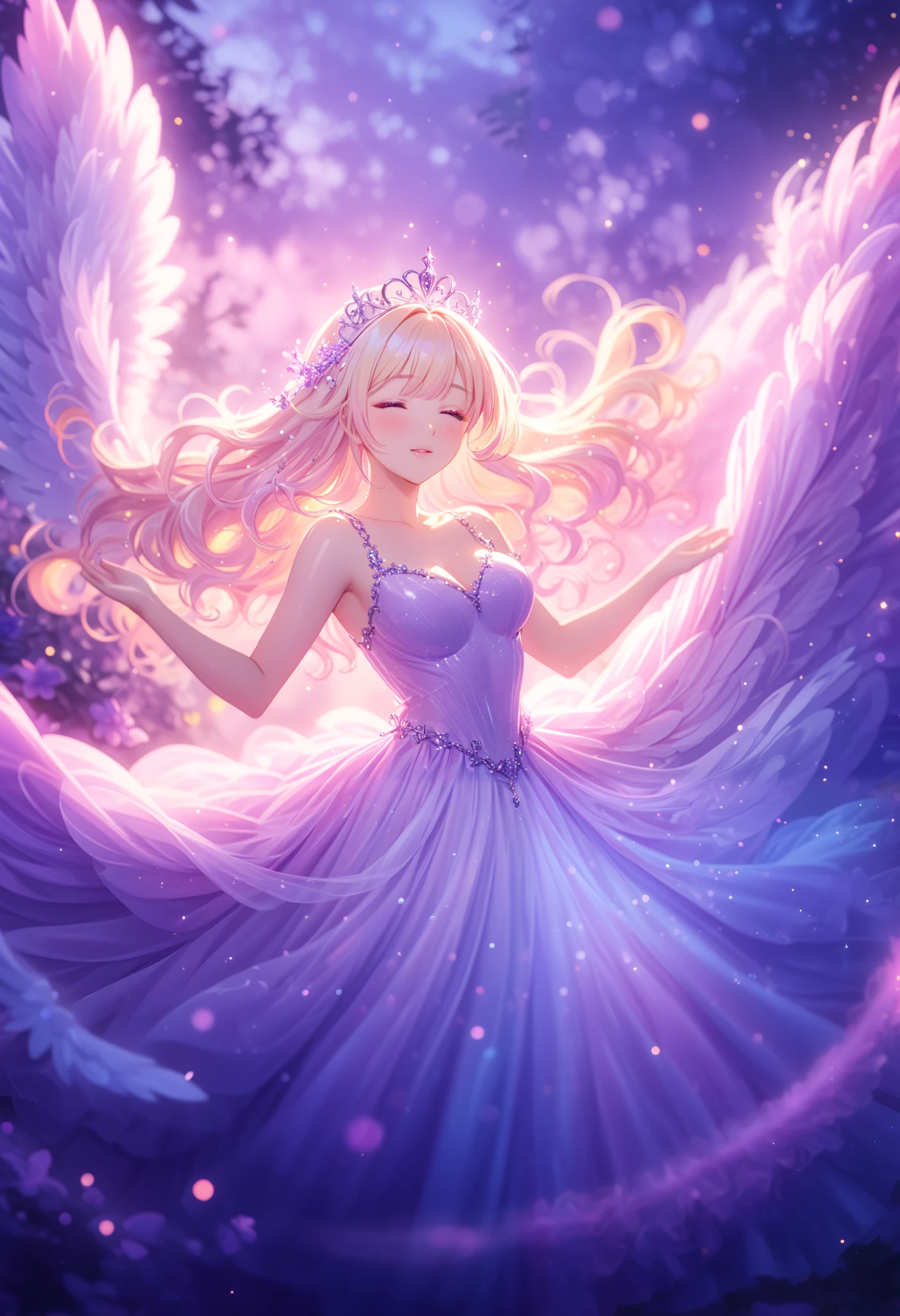 anime,  girl ,  curvy hair , tiara , decorations, ((Angel)),  blond hair ,  Lightweight tight dress ,  purple , Красивые  curvy hair  длинные, New haircut ,  background Heavenly Paradise , soft light, warm,  Unseen beauty , ,  beautiful colors , bright colors,  better quality , (8 k,  masterpiece fails,  complicated details,  maximum quality ),