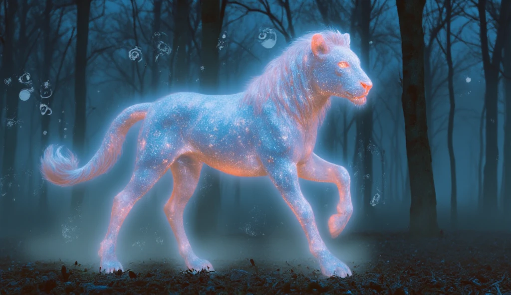 A magical Patronus in the Harry Potter universe: a radiant lion-centaur hybrid galloping majestically through a misty forest. The creature’s body combines the powerful, muscular frame of a lion with the upper torso and arms of a human, glowing with silvery, ethereal light. Its mane flows like liquid starlight, and its eyes shine with a piercing, protective intensity. Around it, faint magical wisps swirl and dance, illuminating the shadowy trees. The scene exudes a sense of strength, wisdom, and courage, embodying the essence of a Patronus.