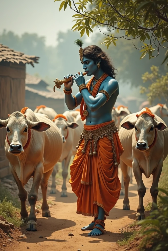 Genrate a beautiful  image of Lord krishna  playing flute in front of lots of cow 