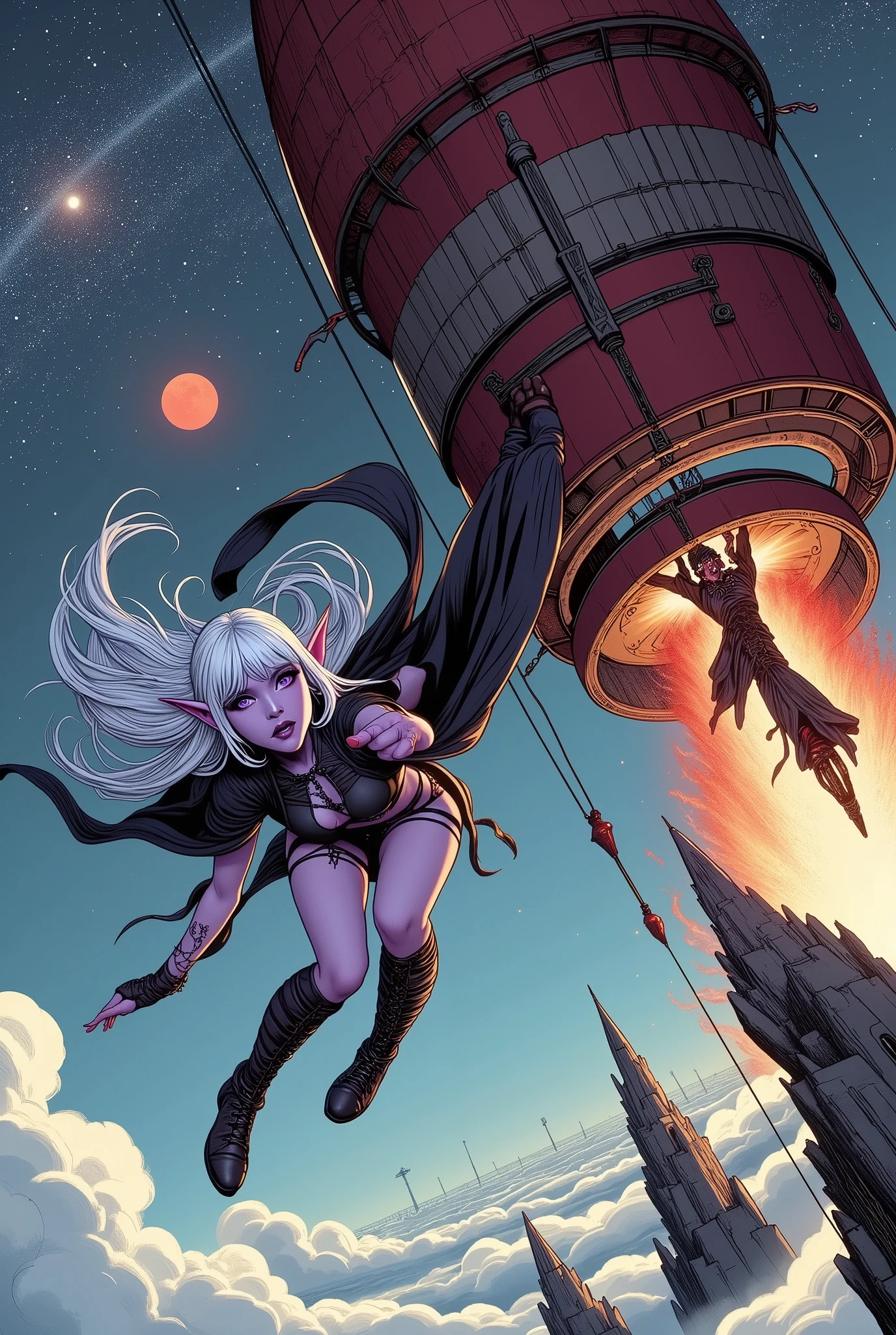 (Ultra-detailed face, Looking away, Fantasy Illustration with Gothic, Ukiyo-e. Dark tone colors.), BREAK 
(A young female dark elf airship pilot makes a large diagonal jump and somersaults with a great twist of her body from a huge airship that is malfunctioning and breathing fire. Because she is somersaulting, her face is shown upside down. Her face is accurately portrayed and her body is accurately portrayed.), BREAK 
(She has pure white hair and eyebrows, blunt bangs, wispy toe length hair, lavender eyes, small pink lips, dark purple skin, and dark, thick eyeliner. A panicked look.), BREAK 
(She wears a jet-black draped lace-up dress with a black ribbon tie. She wears deep red underwear and red laced boots.), BREAK 
(A small red moon shines in the sky above the starry clouds.)