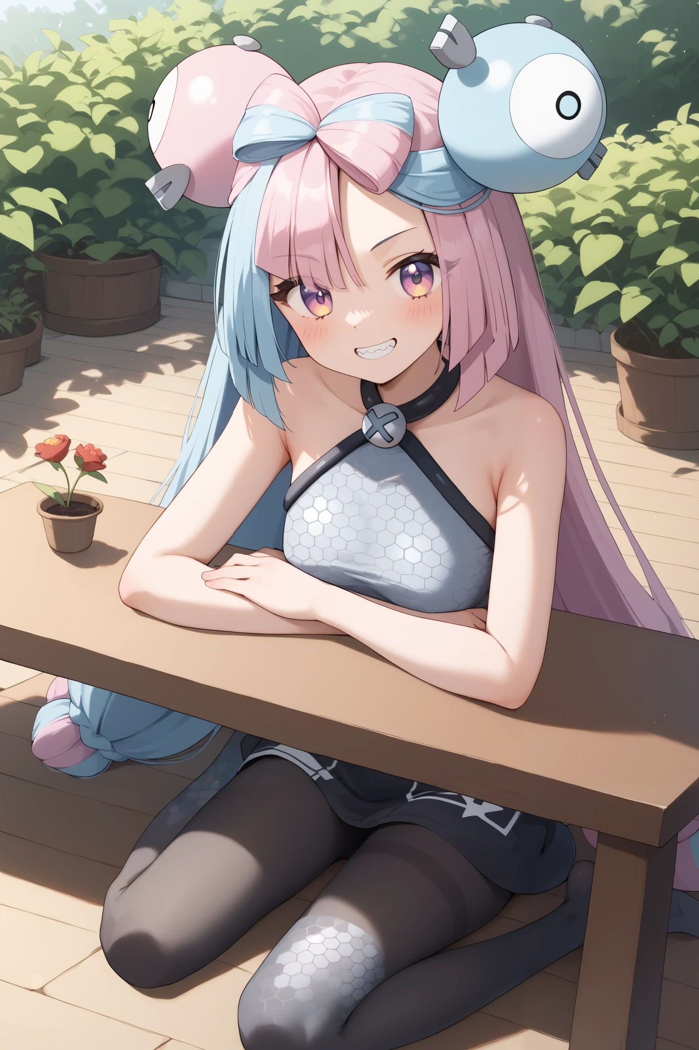 NSFW,masterpiece, top quality , high res, very detailed,Pokemon Iono、 blue hair、Bow-shaped hair、キャラクターの hair ornament、 hair ornament、 long hair、低く結んだ long hair、Multicolored Hair、 pink hair、 keen teeth、 split color hair、 twin tails、 two-tone hair 、 pink eyes, asymmetric legwear、Bell、Ribbon-shaped hair 、 character hair ornament、 hexagonal print 、 oversized clothing 、 pantyhose、シングルレッグ pantyhose、 split color hair,garden, wooden table,wooden chaise longue, Camp
