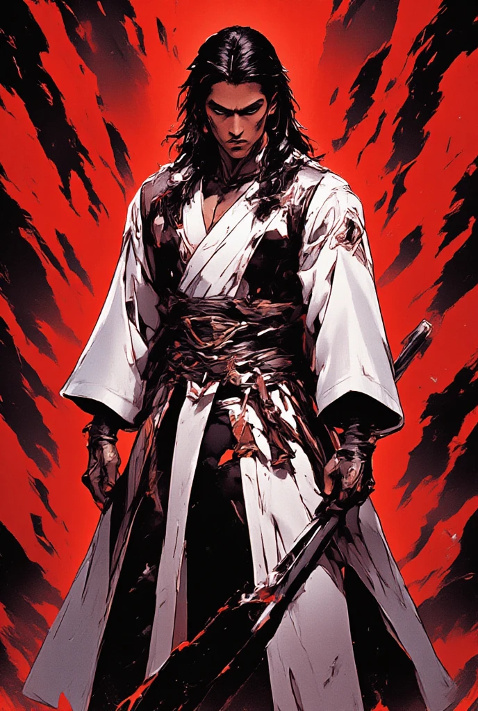 Create an anime-style illustration of a powerful and elegant character with long, dark hair, wearing flowing white robes accented with black details. The character should have a serene yet intimidating expression, holding a sword confidently in one hand. Surround them with an intense, dramatic red background resembling cascading blood or energy, creating a tense and powerful atmosphere. Add intricate details to emphasize the character’s commanding presence and the dynamic environment.