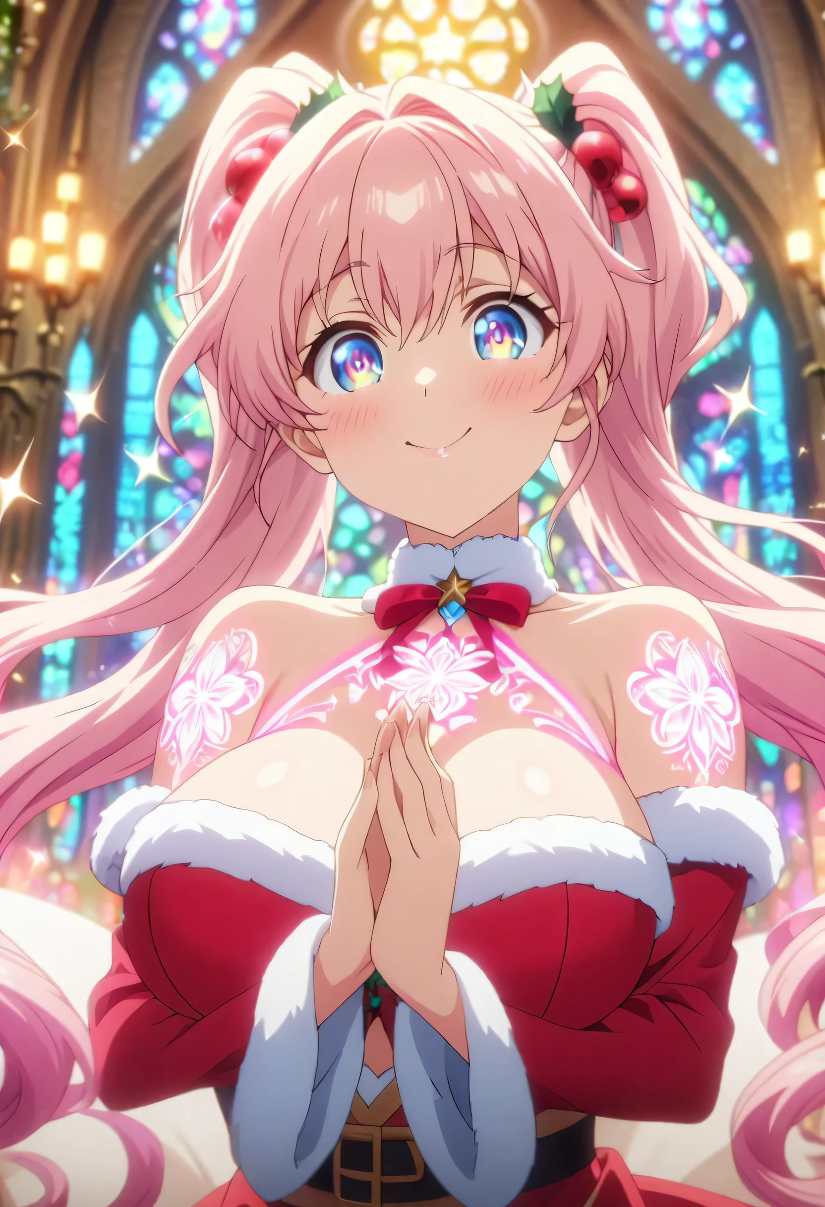 Masterpiece, highest quality, highly detailed CG Unity 8k wallpaper, anime screenshots, female anime character with neon chains. Art of a female anime character with a glowing neon flower tattoo and off-shoulder white fake fur trim red santa claus costume. rounded chin, twintail hair, blue droopy eyes, (sparkle eyes, expecting), pink cheek, blush, pink lips, beautiful huge breasts,  smile, This scene with flowing hair has a nice soft focus effect, highlighting the magical glow of the tattoo. Please take a prayer pose. In the background is a stained glass church. bokeh photography, (soft focus):1.2, out-of-focus highlights, dreamy ambiance, glowing circles, mesmerizing depth, depth of field