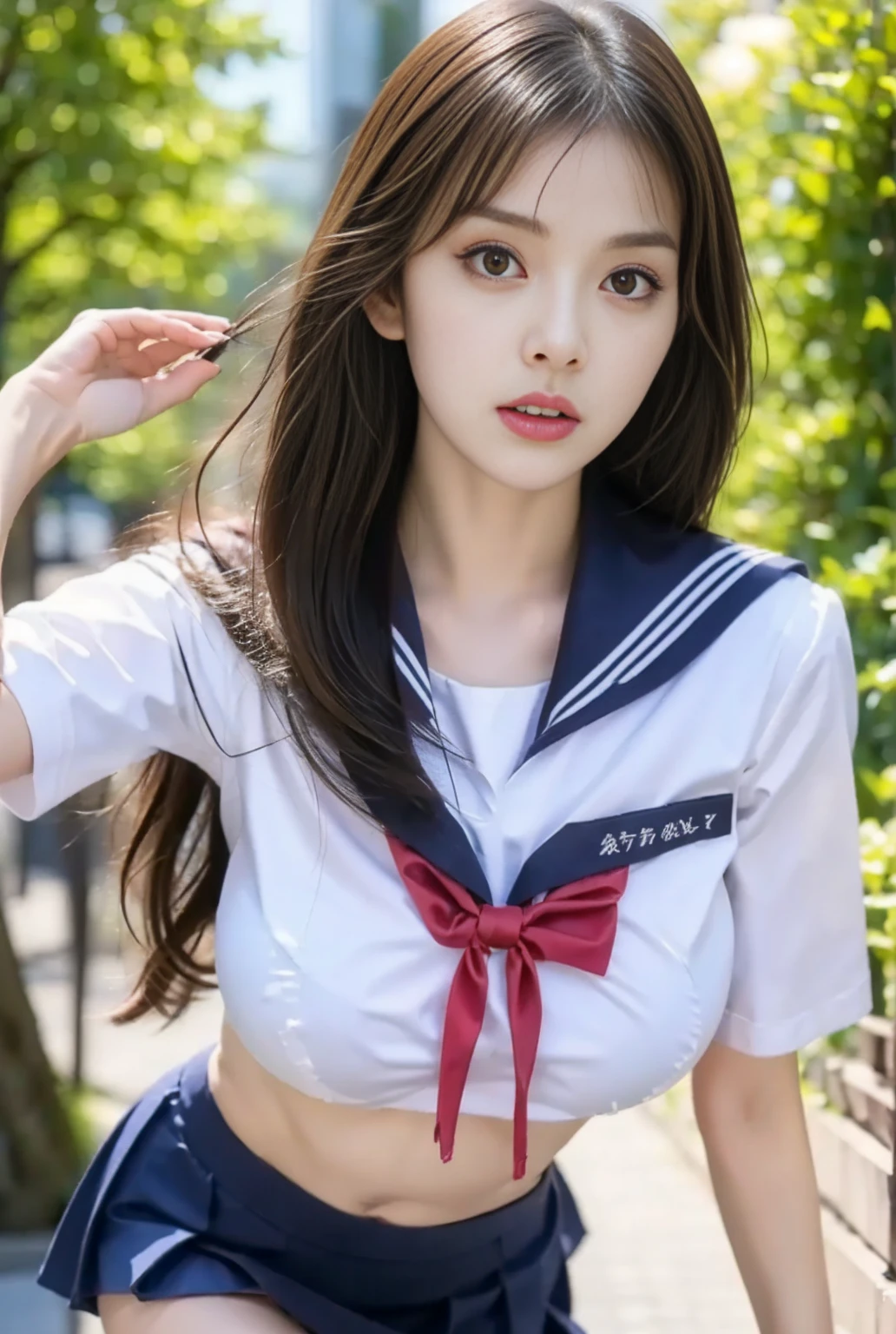 (highest quaLightingy, 8k, High resolution, Realistic:2.0), (alone, One Girl:2.0),(Lighting: front),(Lighting: strong),(Russian beauty:2.0),(Platinum Blonde Hair:1.5),Cheek brown makeup , Heavy eye makeup , Use pink glossy lipstick,(Accentuate your cleavage),(shoulder strapless bra),((Big Breasts)),(Open your mouth:1.6),(A woman holding a penis model in front of her face:1.5),(Amazing orgasm)Portraiture、school uniform、,(Sailor suit:1.6),、Bright expression、ponytail、Young and shiny white glossy skin、Cheek highlight、Face gloss、Cheek gloss、Small Face Beauty、The best beauty in the world、Transparent black hair with shiny highlights、Super long bangs between the eyes,,、Shiny light black hair,、Very long silky straight hair、Very beautiful super long bangs、Beautiful, sparkling light grey eyes、A very beautiful, adorable and cute 15 year old girl.、Big and ample breasts、、Huge breasts、