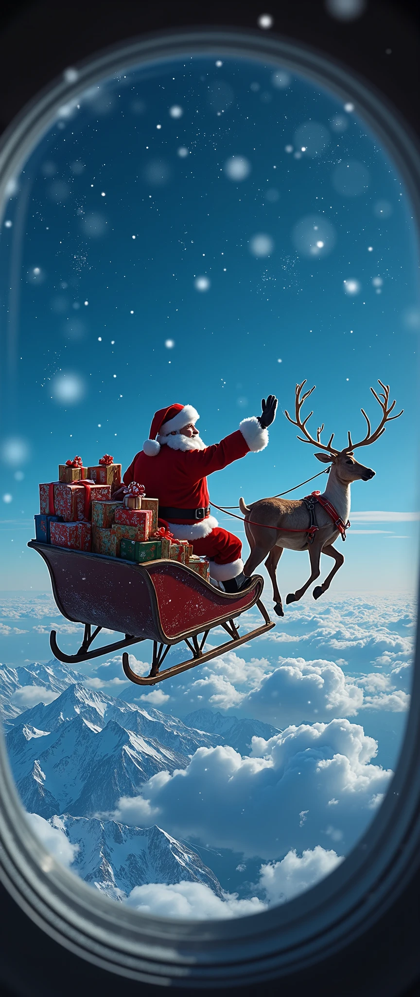 (masterpiece:1.2, high image quality, Mirror Finish , cinematic experience , best illustration :2.0, super detailed ),8k,16k,( wallpaper:2.0),( view from an airplane window with a hologram in the night sky:2.0),("   Merry Christmas   "Write:2.0),( Santa Claus waves over here :2.0),(smile:2.0),( Santa Claus rides a sleigh loaded with Christmas presents:2.0),(A reindeer is pulling a sled :2.0),( full of night sky :2.0)