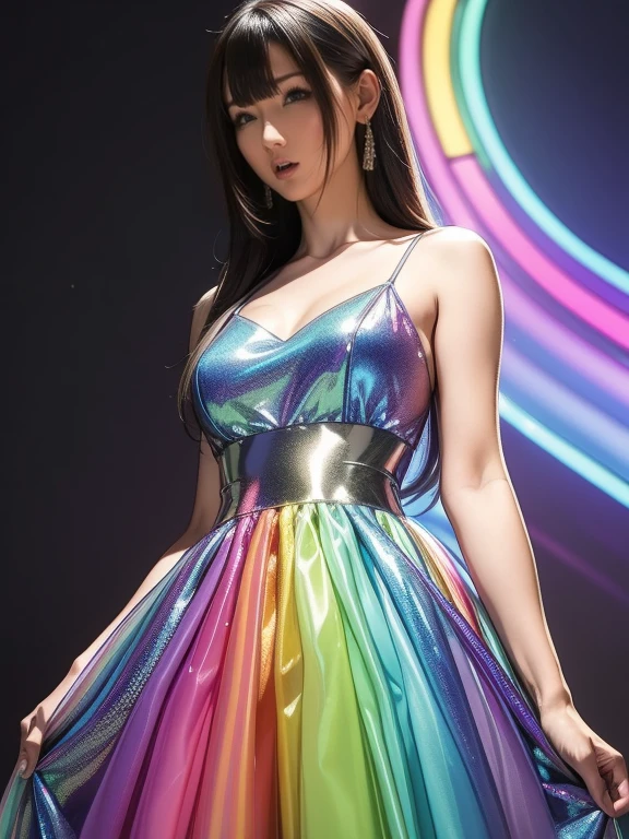 Super hot gorgeous Japanese women、(Portrait)、Wearing a long dress with random color fractal patterns, A magical flowing dress, Casting Multicolored Spells,Colorful Dresses, Fantasy Dress, Woman in cloak, magician, a beautiful magician,((silk stockings))、High heels、Vivid fantasy style, (((Neon and fractal pattern background))). Perfect Anatomy, Perfect breasts, Perfect body, Perfect hands, Perfect Legs、Perfect Face, Perfect Eyes, Accurate, Anatomically correct, Happy expression、Perfectly clear and sharp focus, Ultra-high resolution, masterpiece, Ultra-realistic 、(Fantasiato)、Professional Lighting
