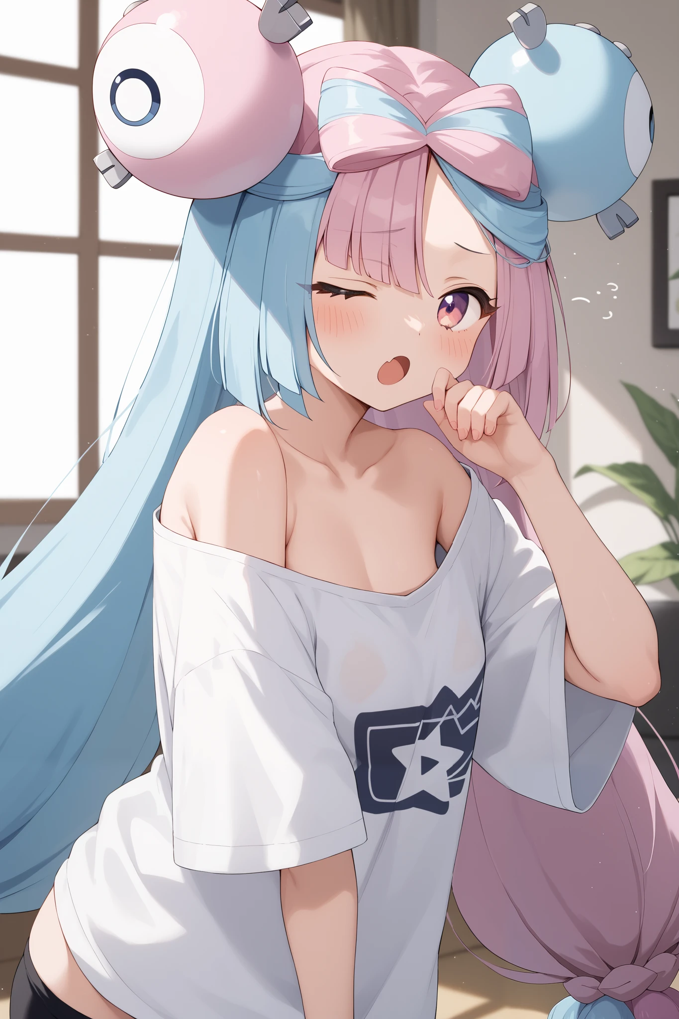 NSFW,masterpiece, top quality , high res, very detailed,Pokemon Iono、 blue hair、Bow-shaped hair、キャラクターの hair ornament、 hair ornament、 long hair、低く結んだ long hair、Multicolored Hair、 pink hair、 split color hair、 twin tails、 two-tone hair 、 pink eyes, oversized shirt,Baggy shirt,sleepy,yawn, living room