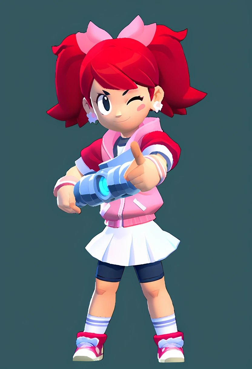 1girl Sayaka (サヤカ) (Yumi)  Ape Escape 3 (サルゲッチュ3) , red hair, twintails, black eyes, hair bow, pink hoodie, short sleeves, wristband, white skirt, bike shorts, socks, sneakers, outdoors, laser blade, tokyo city, standing, pointing at viewer, wink, masterpiece, smiling