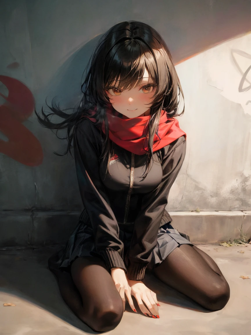 (masterpiece, highest quality:1.2)、Top animation quality，animation，HD，1080P，Alone，medium view，(low angle)，a woman，close mouth，smile，extremely detailed black hair and happy eyes，long hair with swept bang，(One hand touching the face)，black Nail polish，(red scarf, black zip up jacket and red pleated skirt)，Leather leg loops，trend，detailed pantyhose，sitting on the steps，Erlang legs，Graffiti wall background，Cracks in the wall，dark feeling，(cool feeling)，(Gloomy atmosphere), (nsfw) 