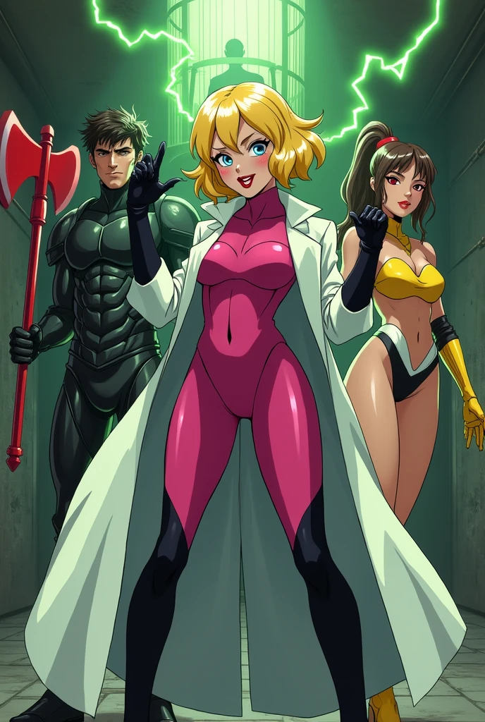 Anime style, team image of a supervillain group. A Sultry and Beautiful young woman with a soul of pure evil and hatred. Short blonde hair that covers her left eye and blue eyed supervillain dressed in a sleek skintight pink bodysuit, long black gloves and black calf high boots. A long white lab coat over her bodysuit competes the look. She is posing and emanating green energy. She has a smile crossing her thin red lips. 2 other women in costumes and an imposing man make up the rest of the team