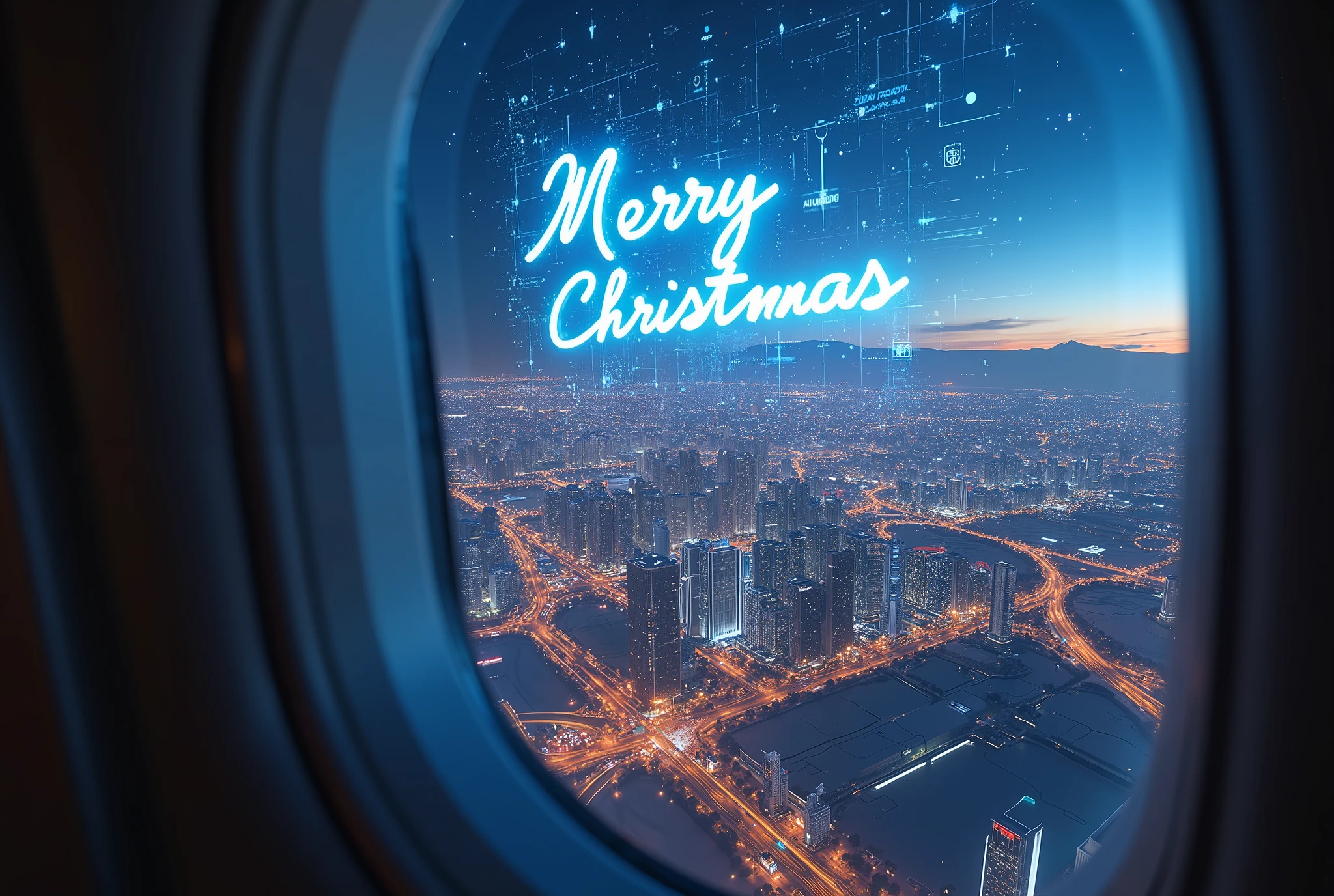 (masterpiece:1.2, high image quality,  Mirror Finish  ,  cinematic experience  , best illustration :2.0, super detailed ),8k,16k,( wallpaper:2.0),( view from an airplane window with a hologram in the night sky:2.0),(With a hologram in the night sky"  Merry Christmas  "Write:2.0),( Future City:2.0)