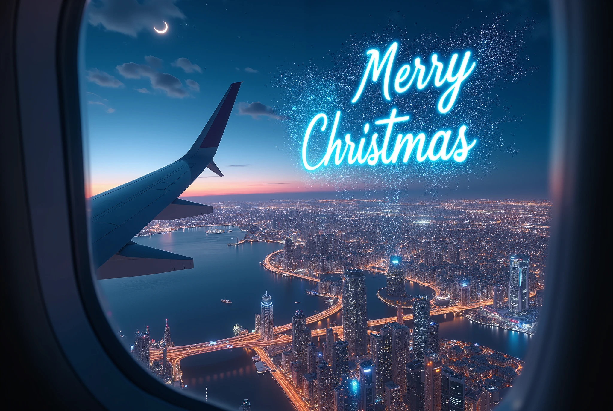 (masterpiece:1.2, high image quality,  Mirror Finish  ,  cinematic experience  , best illustration :2.0, super detailed ),8k,16k,( wallpaper:2.0),( view from an airplane window with a hologram in the night sky:2.0),(With a hologram in the night sky"  Merry Christmas  "Write:2.0),( Future City:2.0)