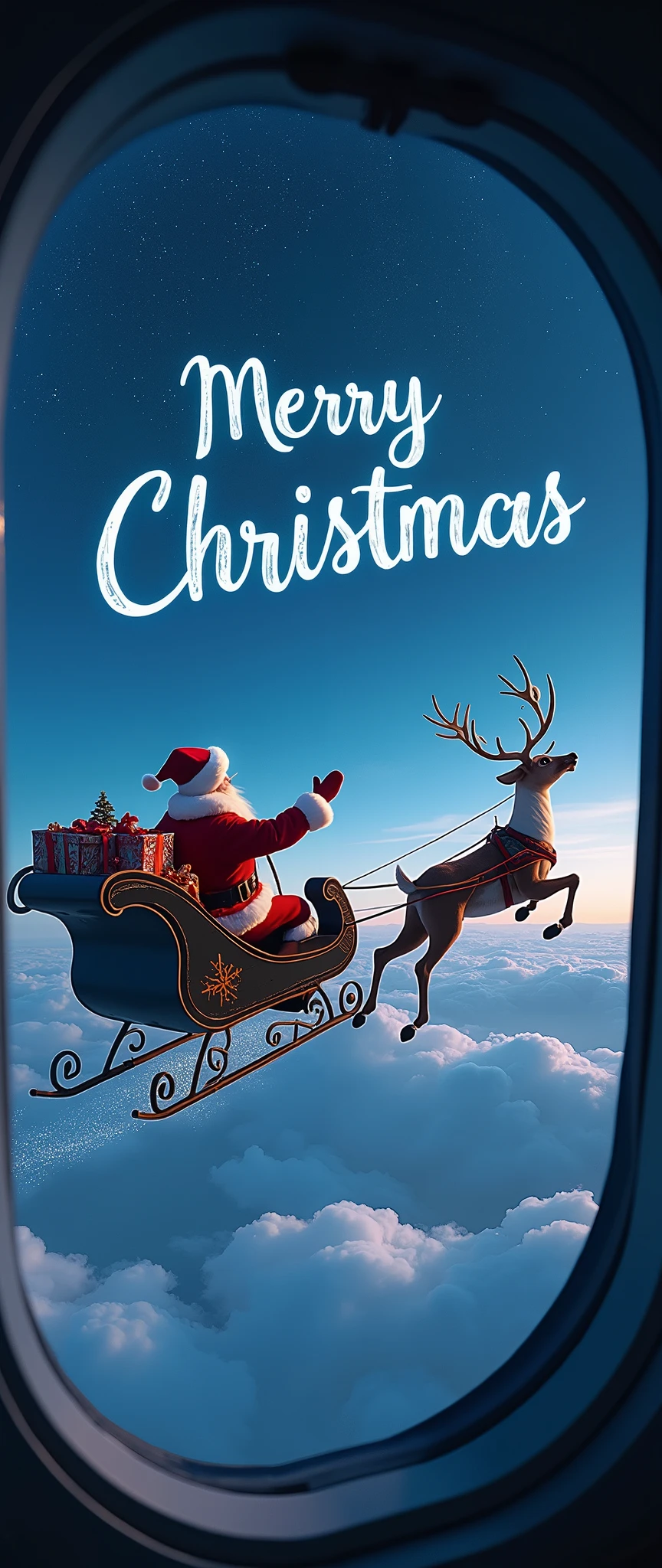 (masterpiece:1.2, high image quality, Mirror Finish , cinematic experience , best illustration :2.0, super detailed ),8k,16k,( wallpaper:2.0),( view from an airplane window with a hologram in the night sky:2.0),("   Merry Christmas   "Write:2.0),( Santa Claus waves over here :2.0),(smile:2.0),( Santa Claus rides a sleigh loaded with Christmas presents:2.0),(A reindeer is pulling a sled :2.0),( full of night sky :2.0)