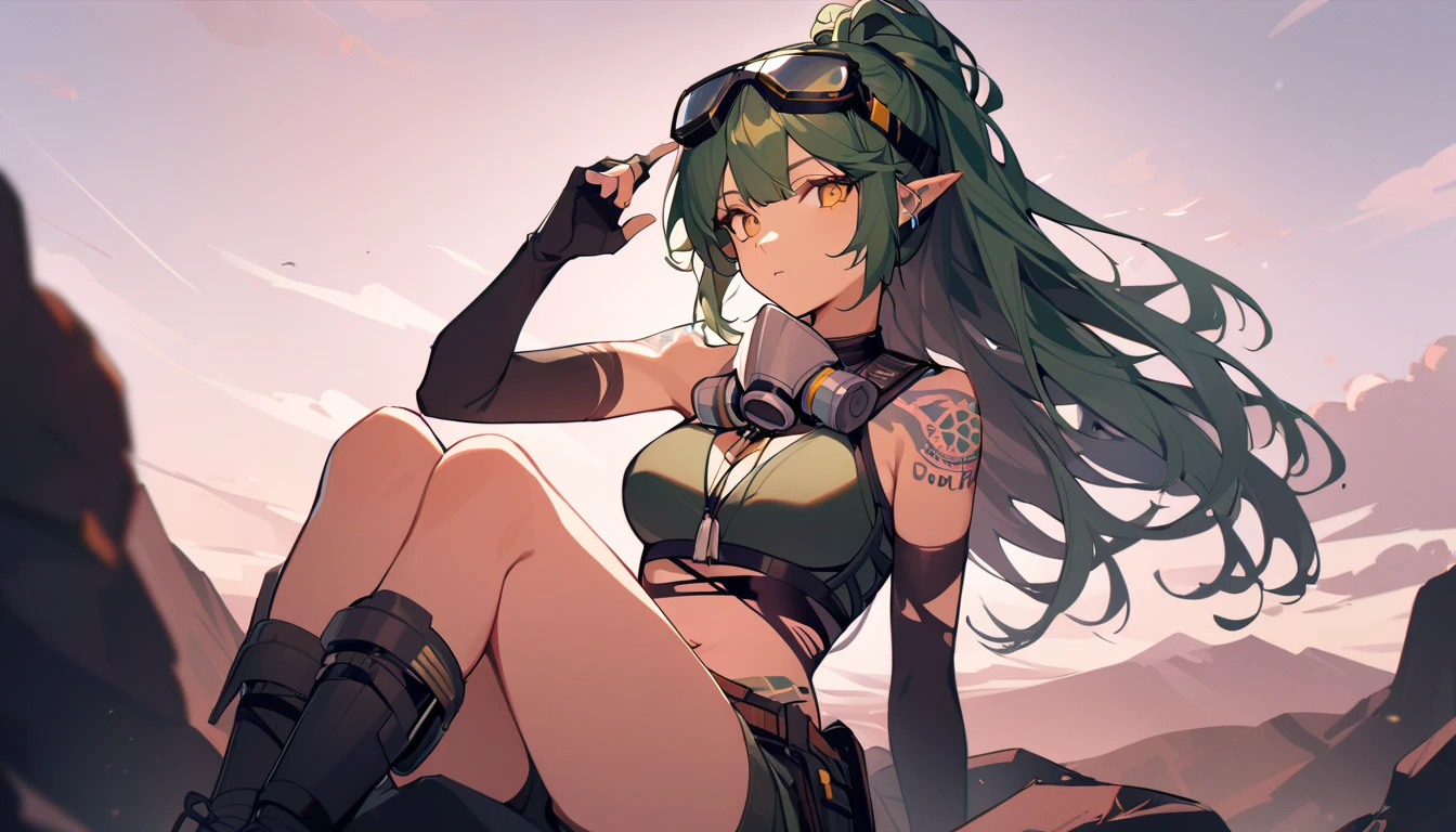 1girl, solo, long hair, looking at viewer, bangs, gloves, navel, holding, bare shoulders, medium breasts, sitting, yellow eyes, ponytail, outdoors, green hair, shorts, pointy ears, black gloves, elbow gloves, midriff, fingerless gloves, crop top, tattoo