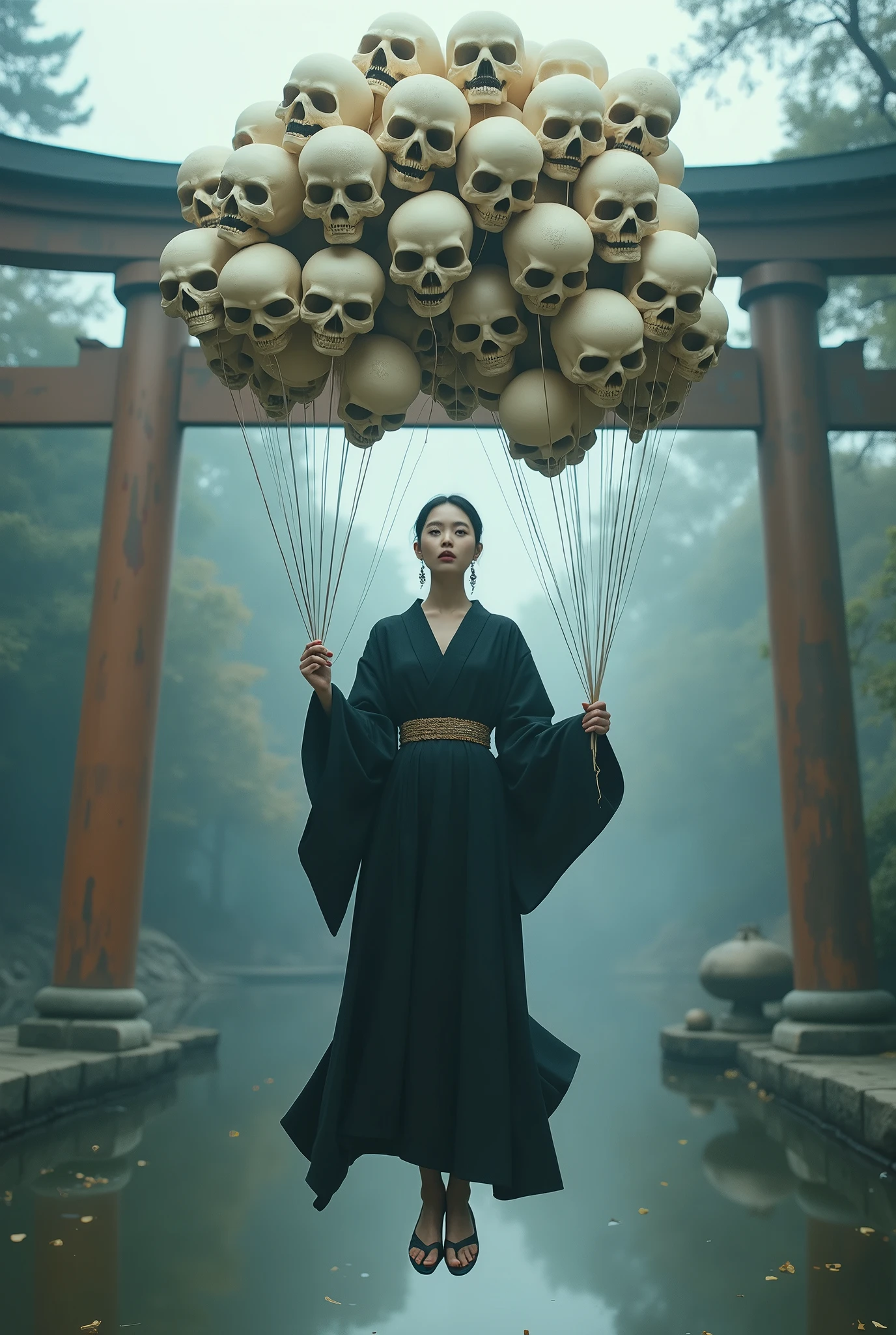 Asian woman drinking coffee in grey macrame reveal dress with huge knots, macrame knitted in the form of a skeleton, knotted, short hair straight, standing on a black rock, windy